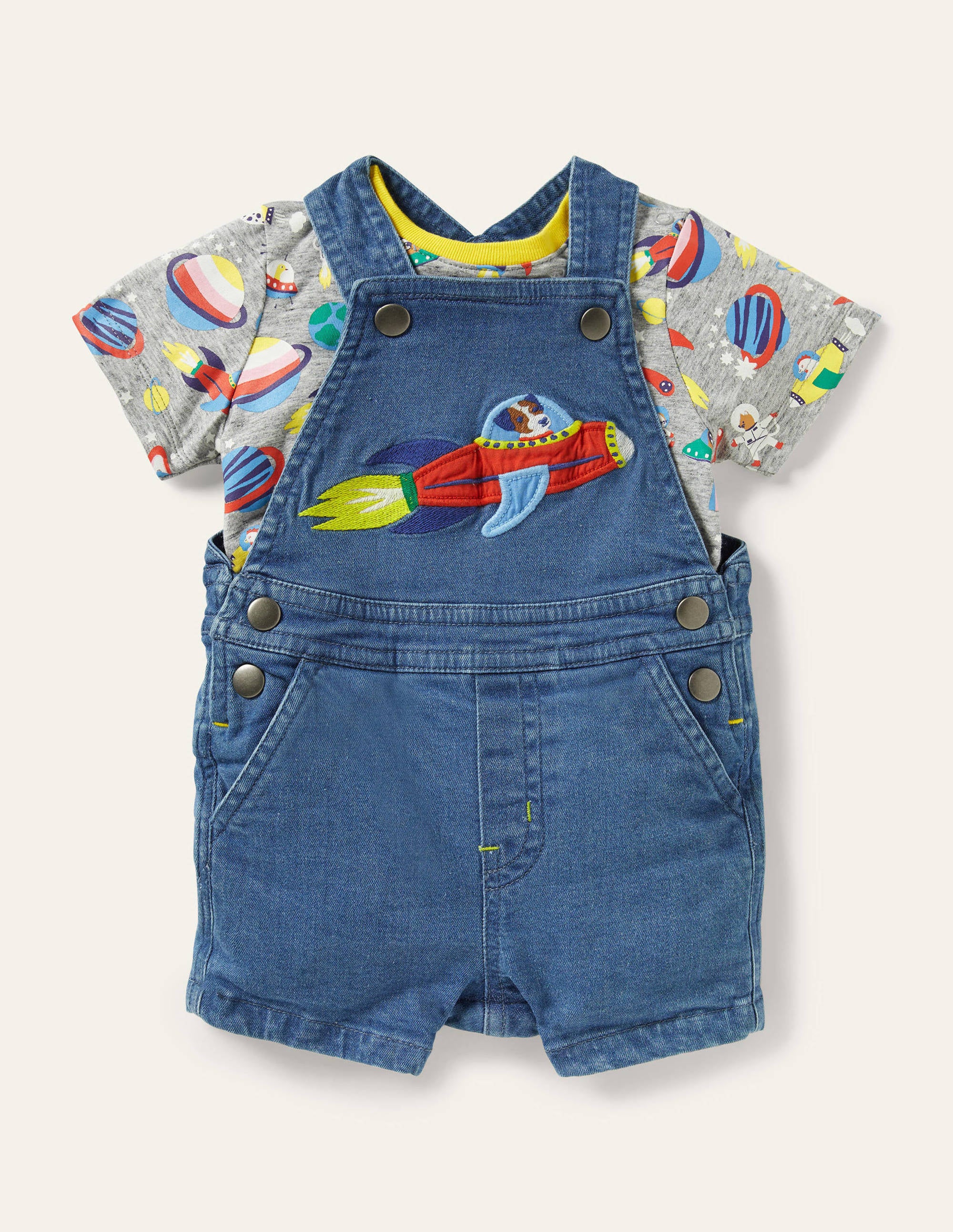 Appliqué Dungaree Set-Mid Chambray Space
