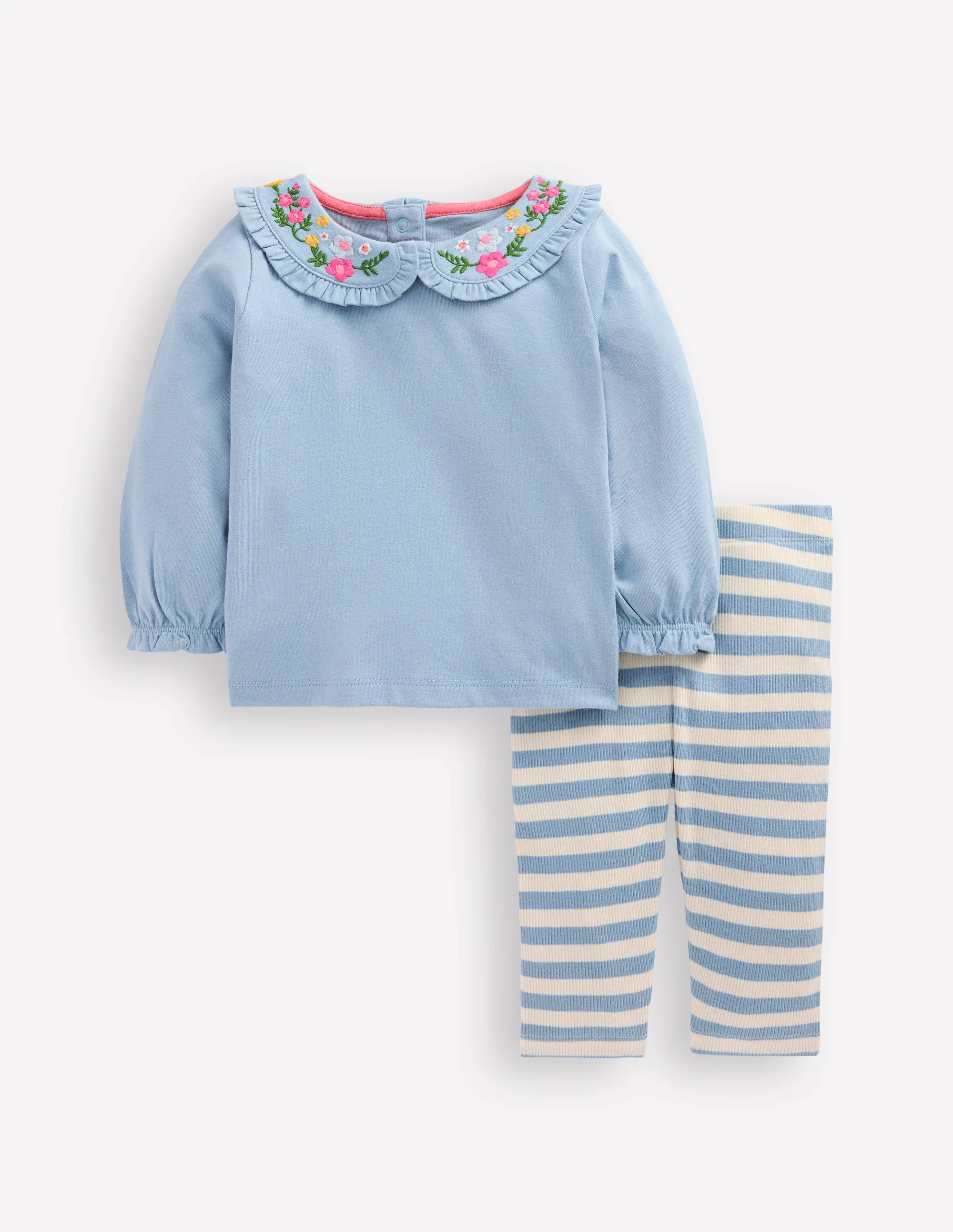 Collared Jersey Set-Blue Floral Embroidery