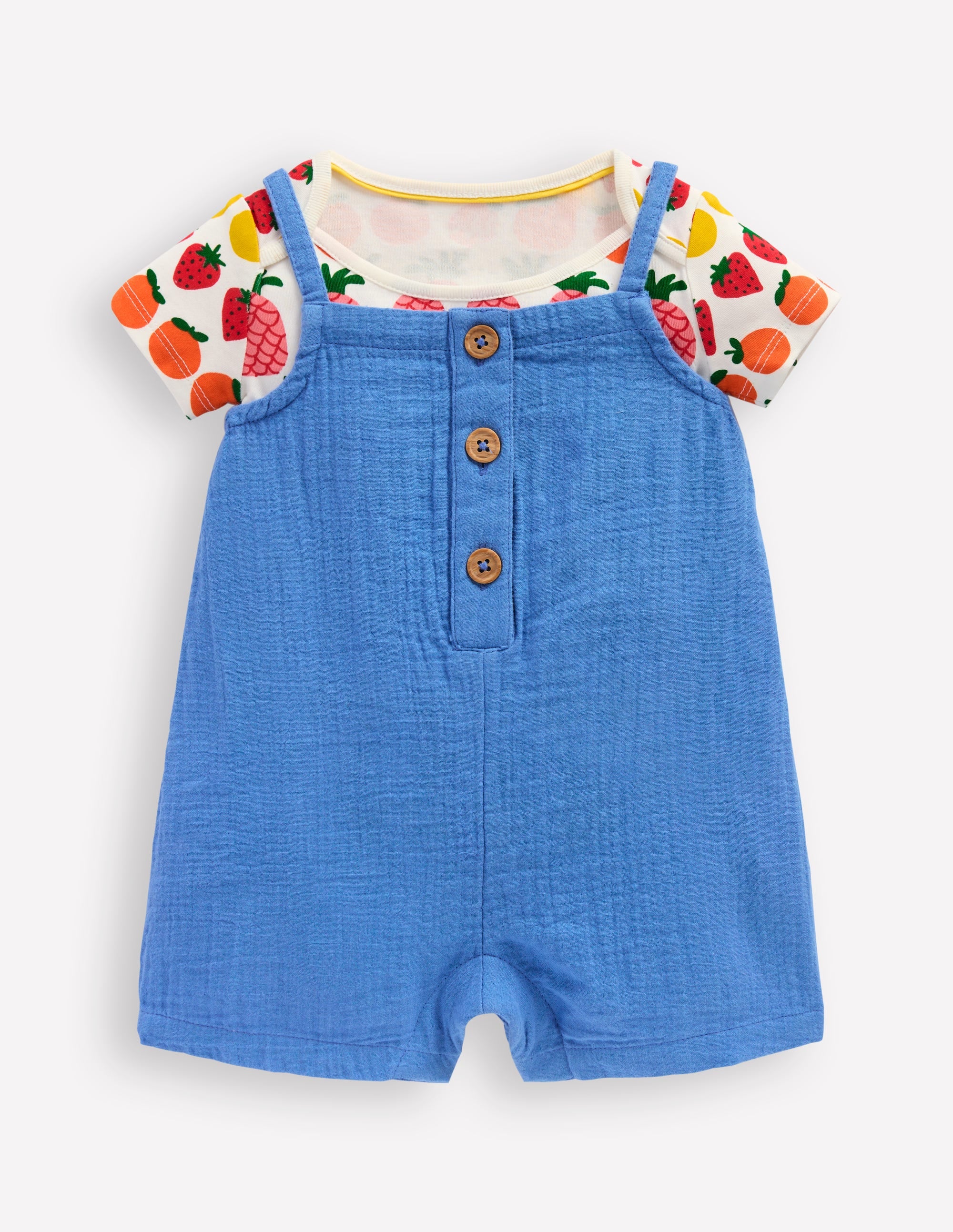 Double Cloth Dungaree Set-Peacock Plume Blue Fruit - Image 4