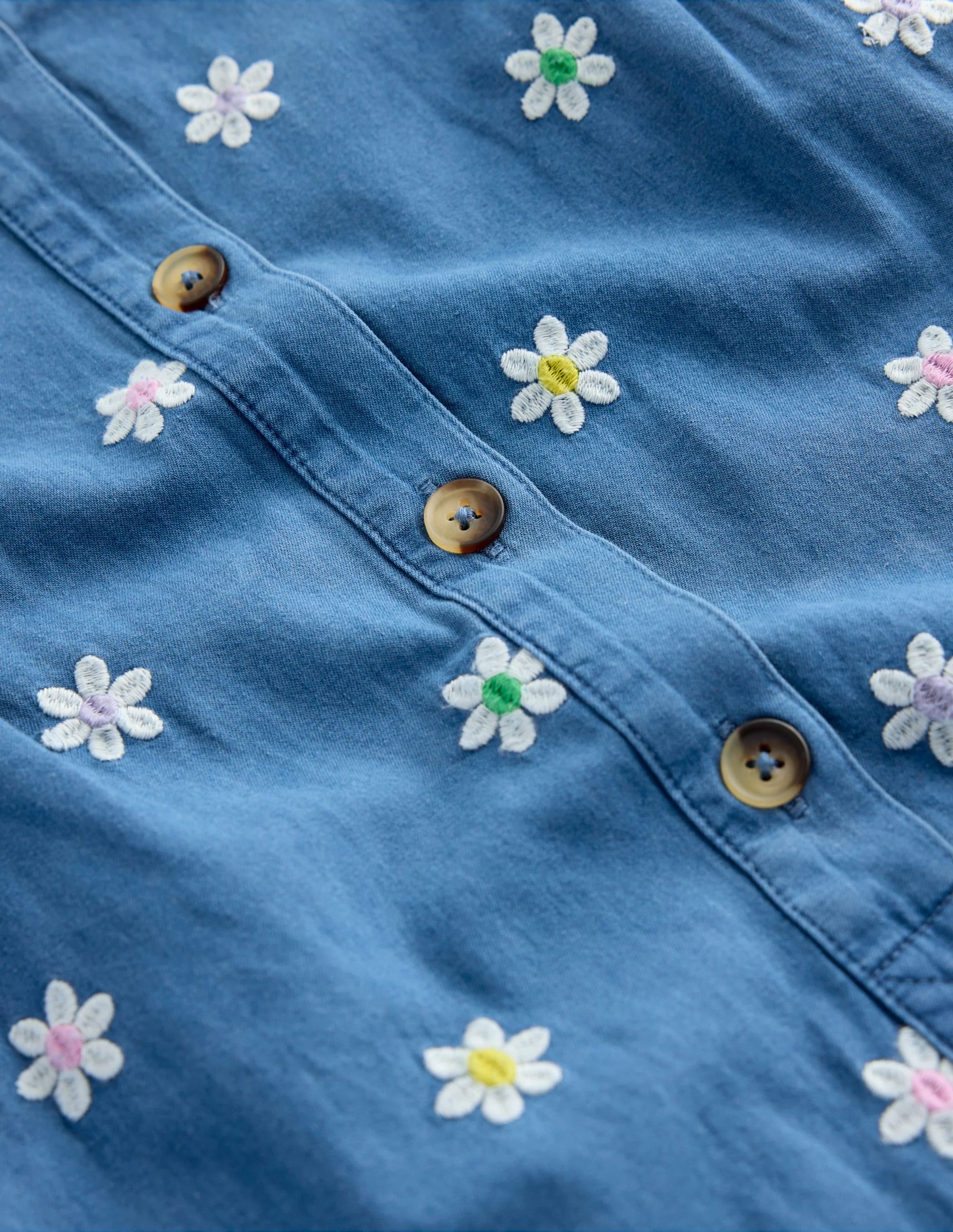 Embroidered Chambray Romper-Denim Daisy Embroidery - Image 2