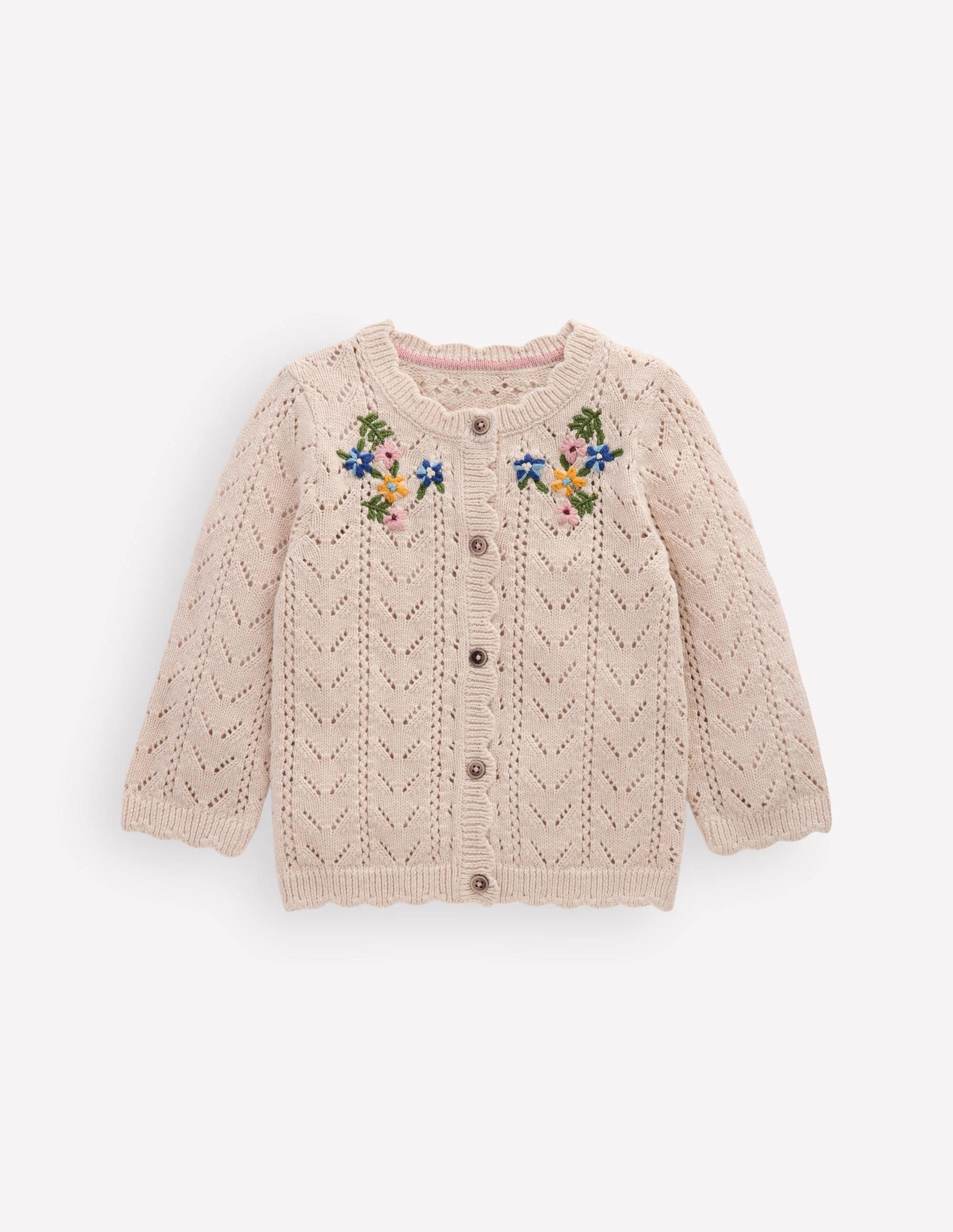 Embroidered Cotton Cardigan-Ecru Marl Mini Embroidered