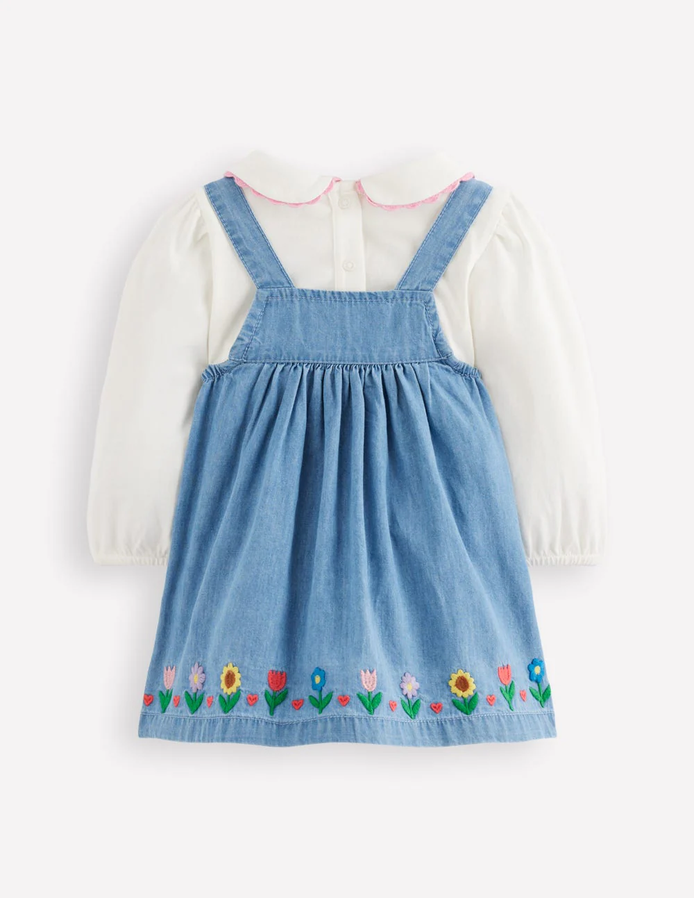 Embroidered Pinny Dress Set-Chambray Floral Embroidery - Image 2