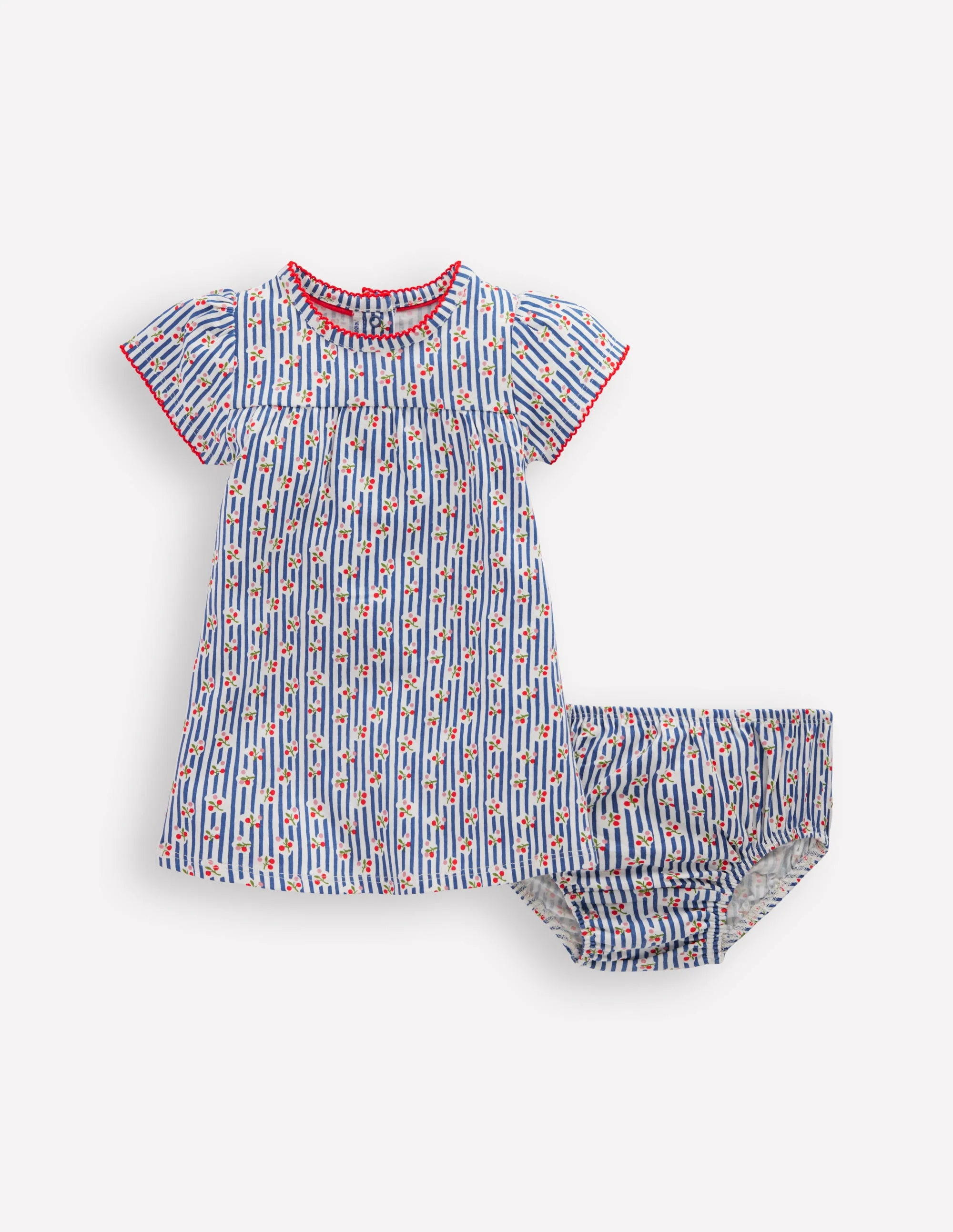 Gathered Jersey Dress-Bluejay Cherry Stripe