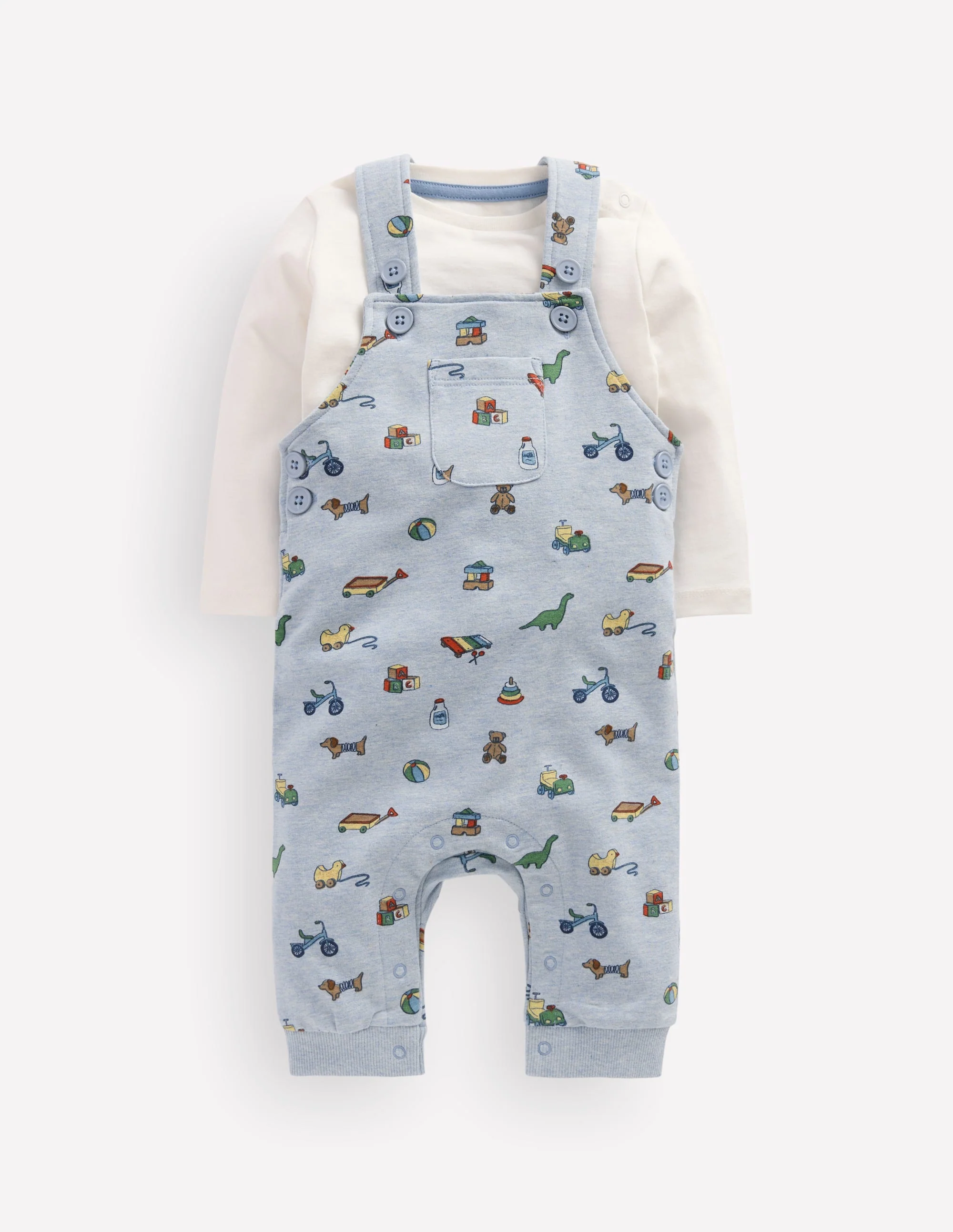 Jersey Dungarees Set-Blue Marl Playroom Print