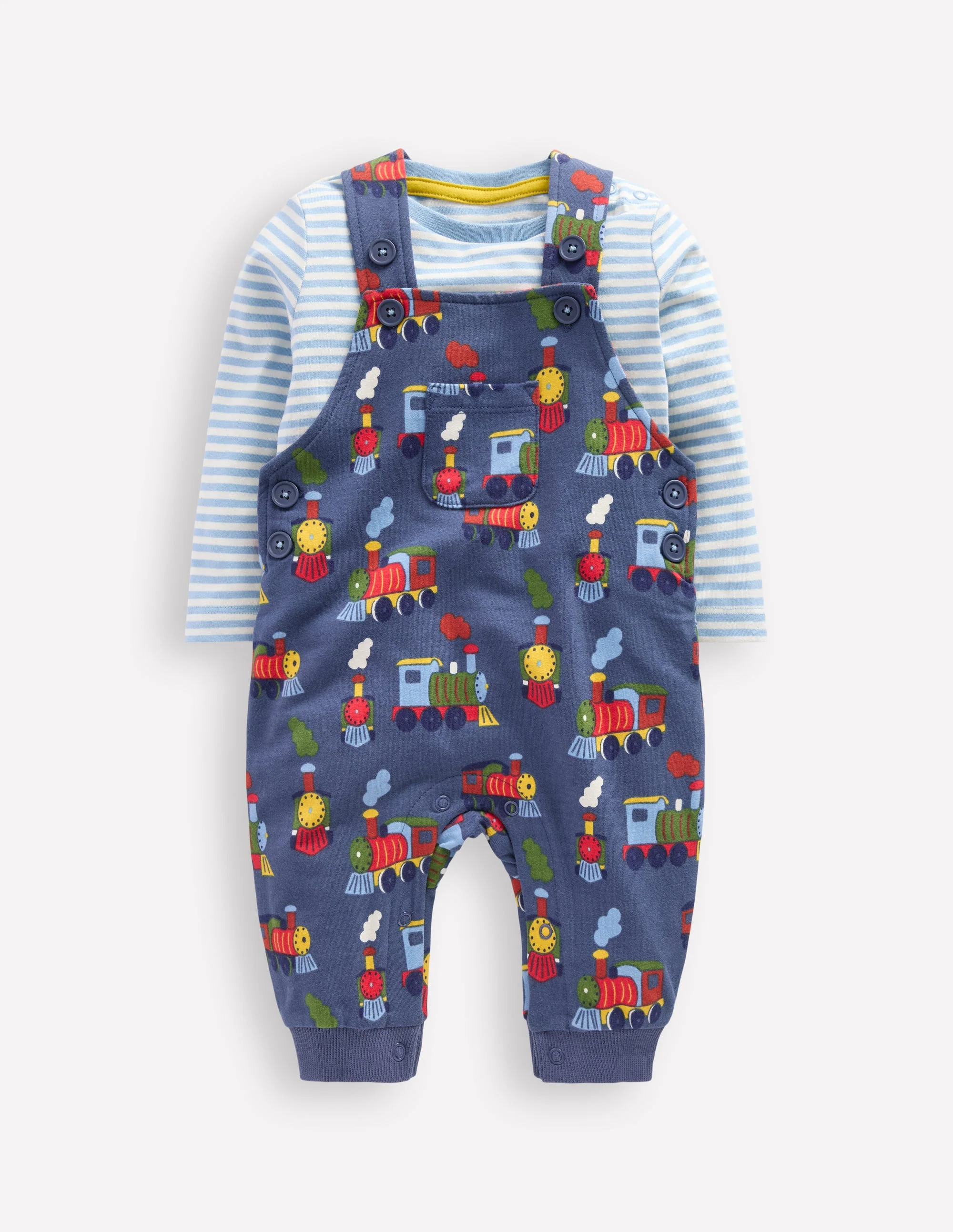 Jersey Dungarees Set-Blue Marl Trains
