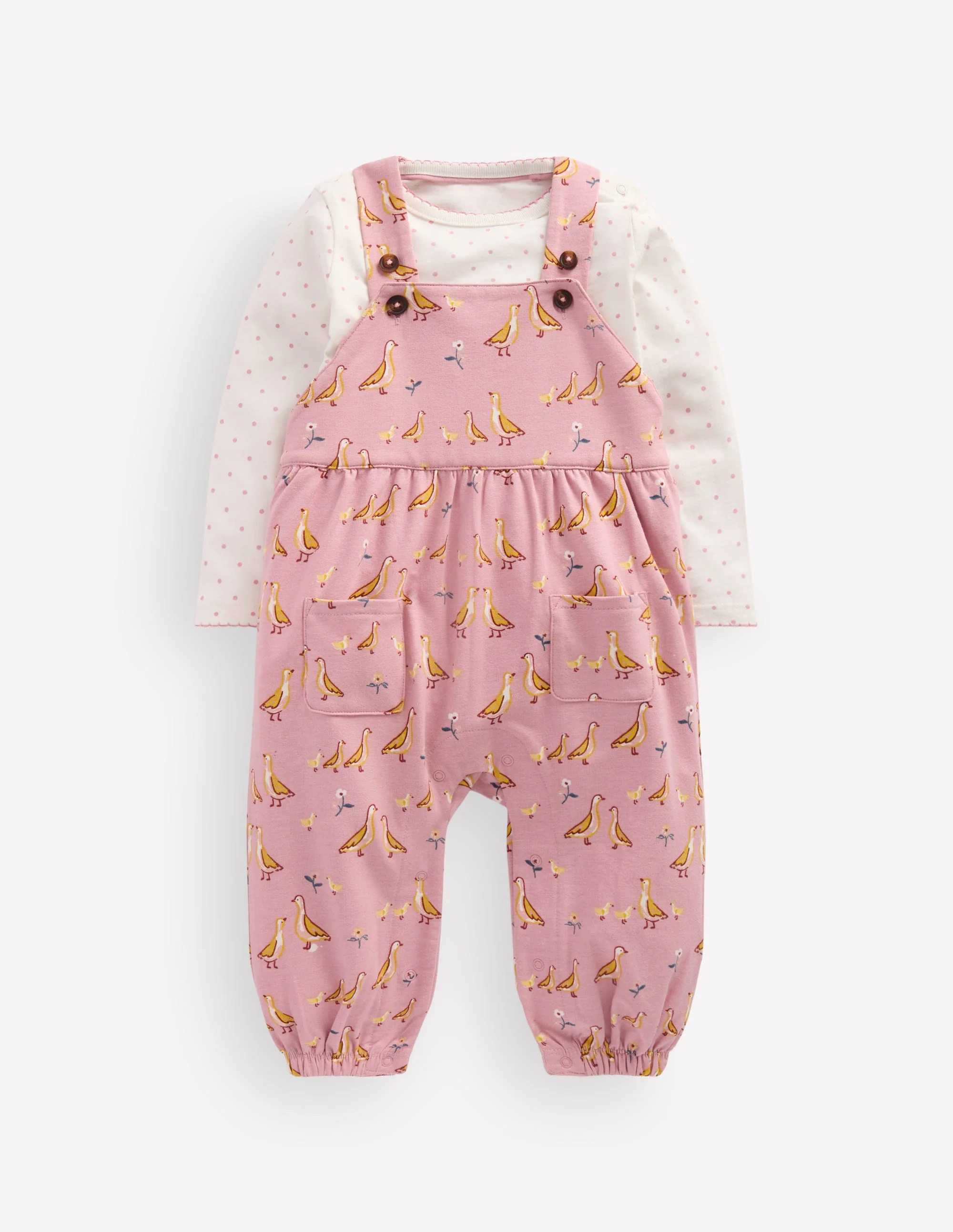 Jersey Dungarees Set-Pink Ducks