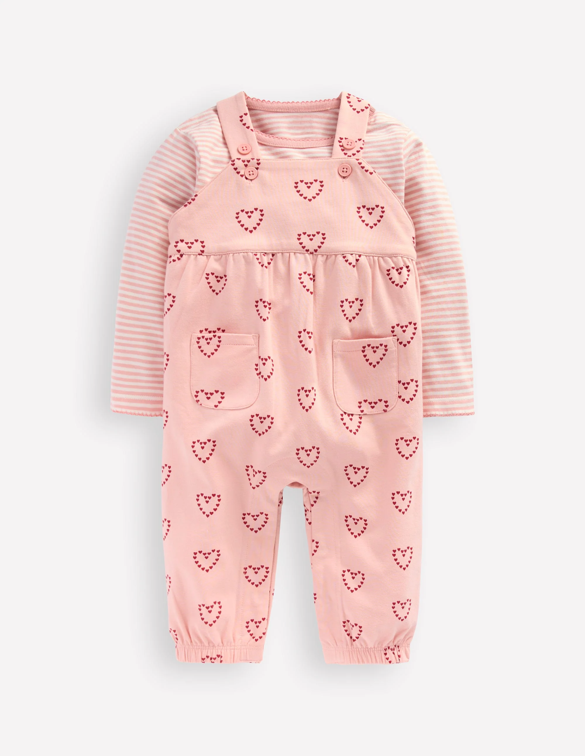 Jersey Dungarees Set-Pink Hearts