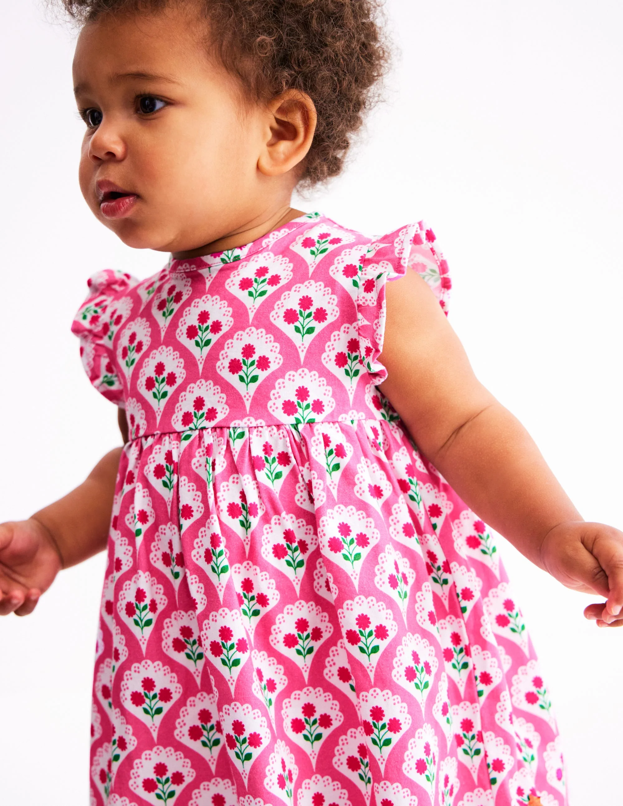 Jersey Frill Sleeve Dress-Pink Rose Woodblock Floral - Image 3