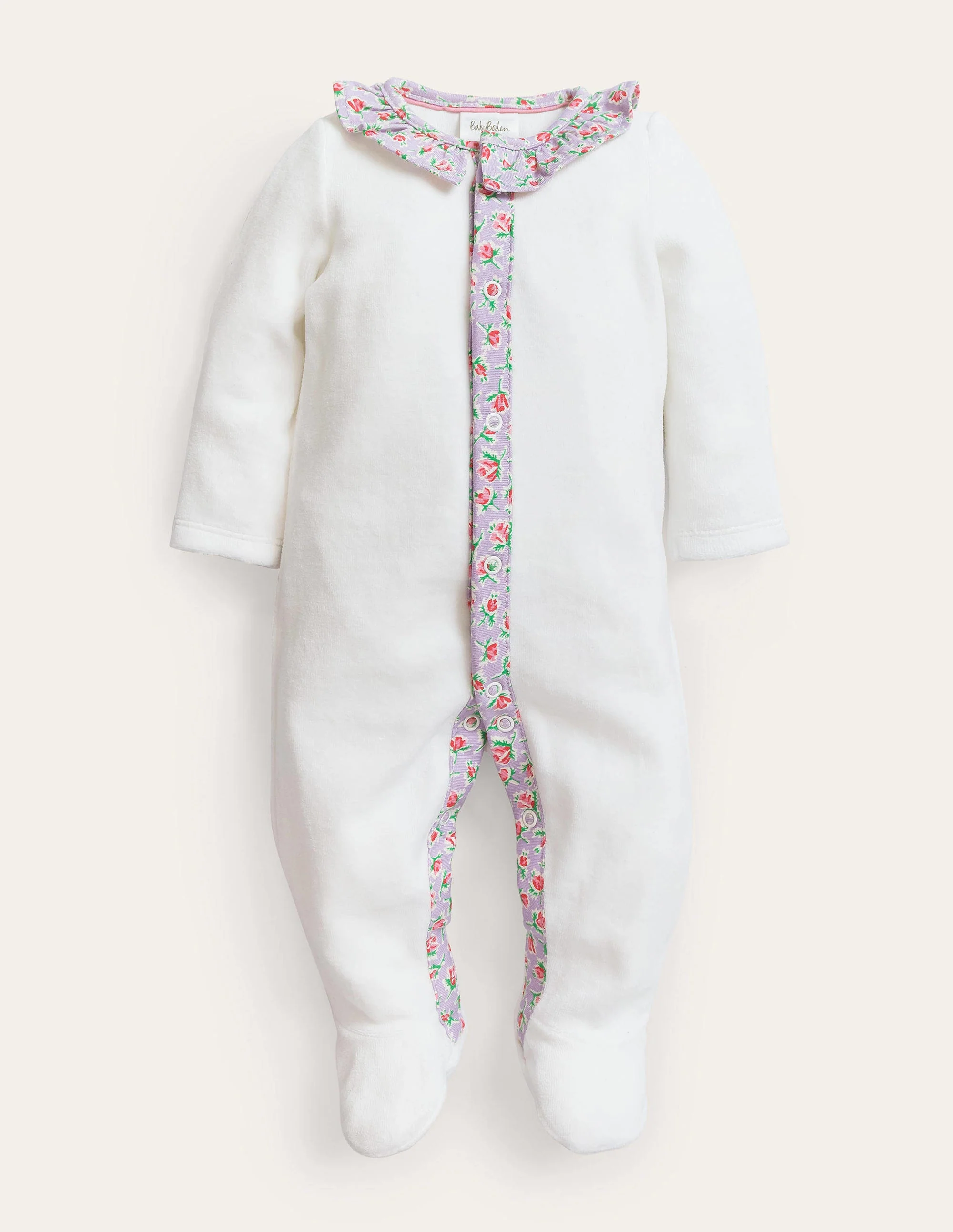 Ruffle Velour Sleepsuit-Ivory