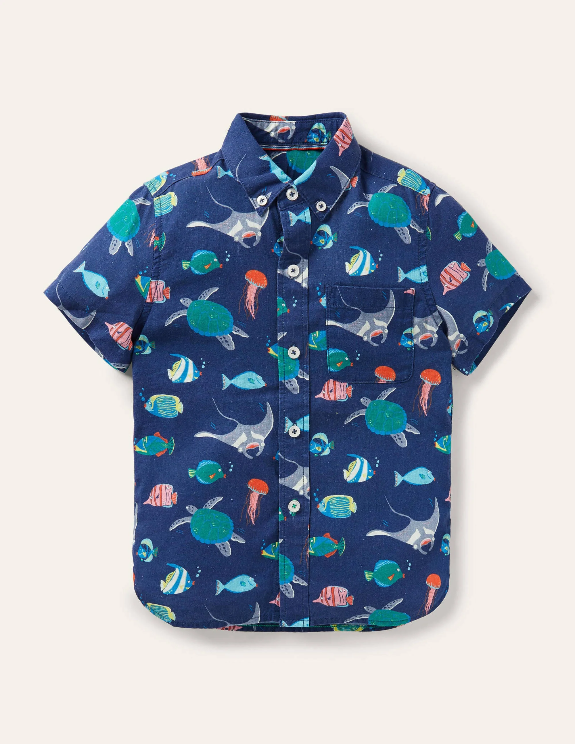Cotton Linen Shirt-College Navy Under-the-sea