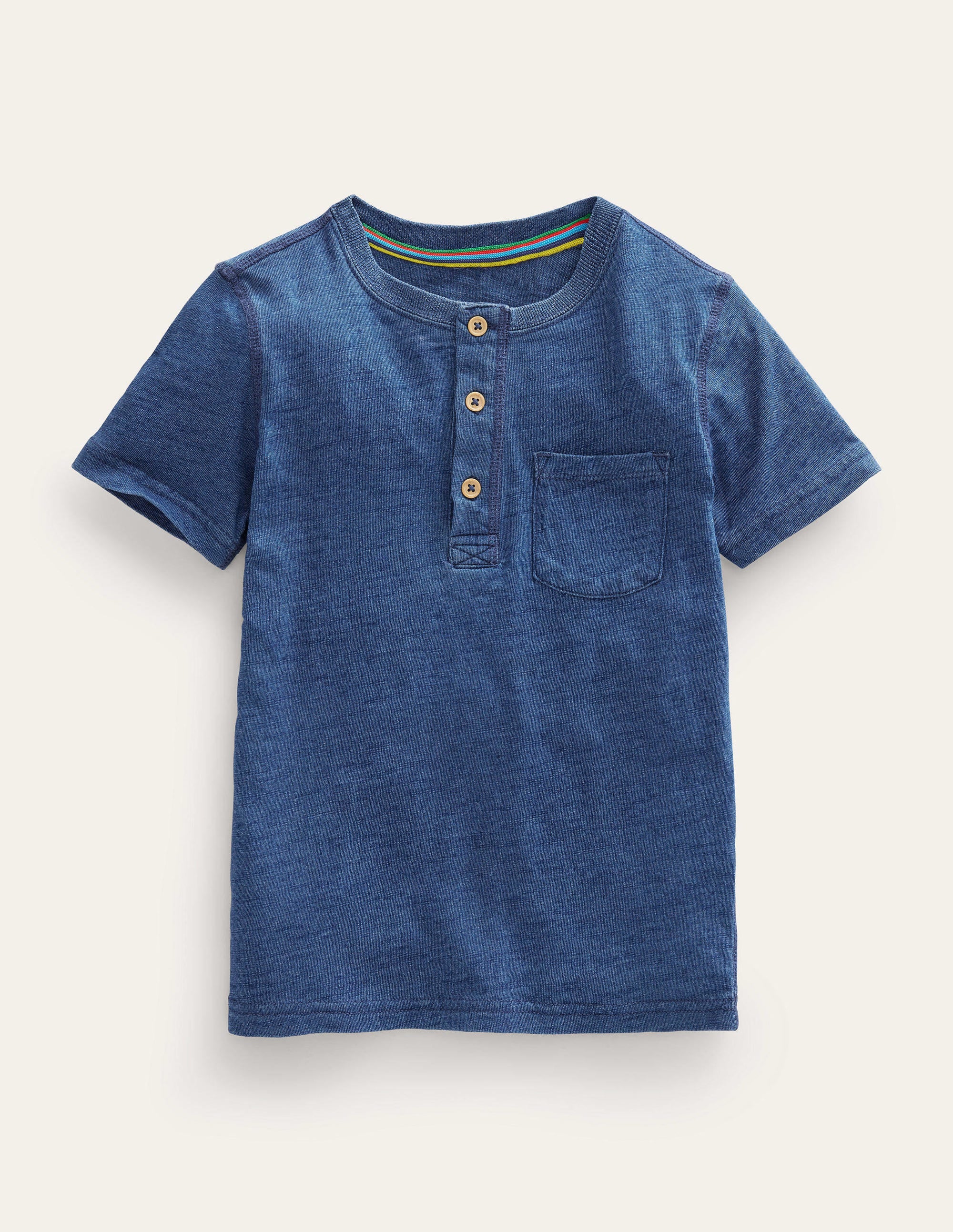 Washed Cotton Henley T-shirt-Indigo Blue