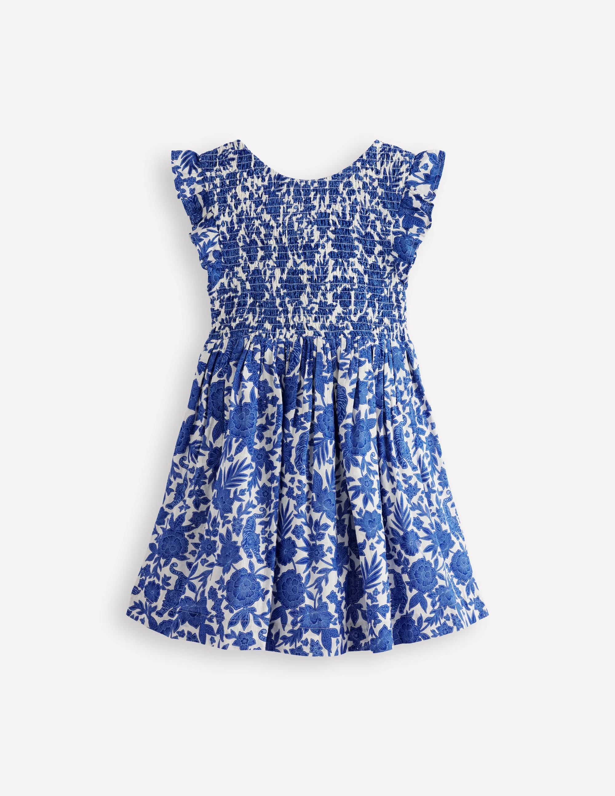 Bow Back Shirred Dress-Bright Blue Jungle Woodblock - Image 2