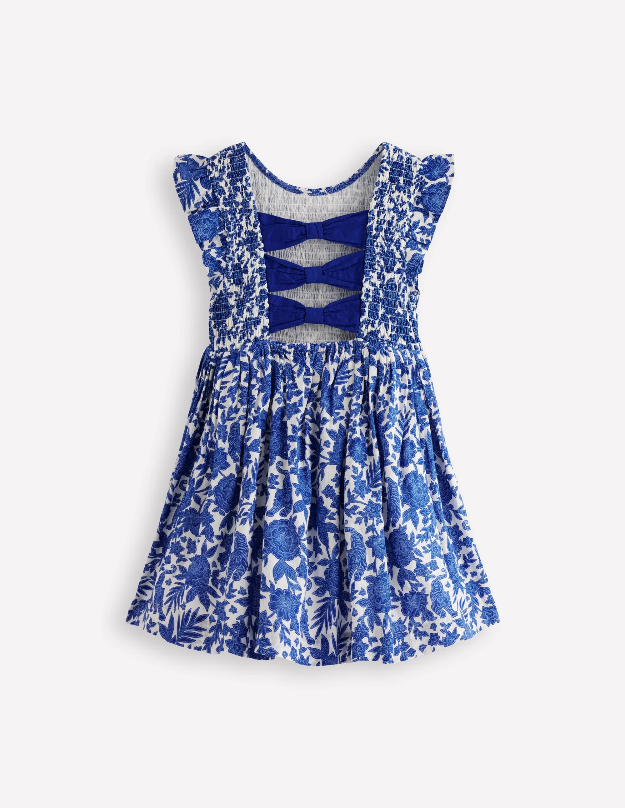 Bow Back Shirred Dress-Bright Blue Jungle Woodblock - Image 3