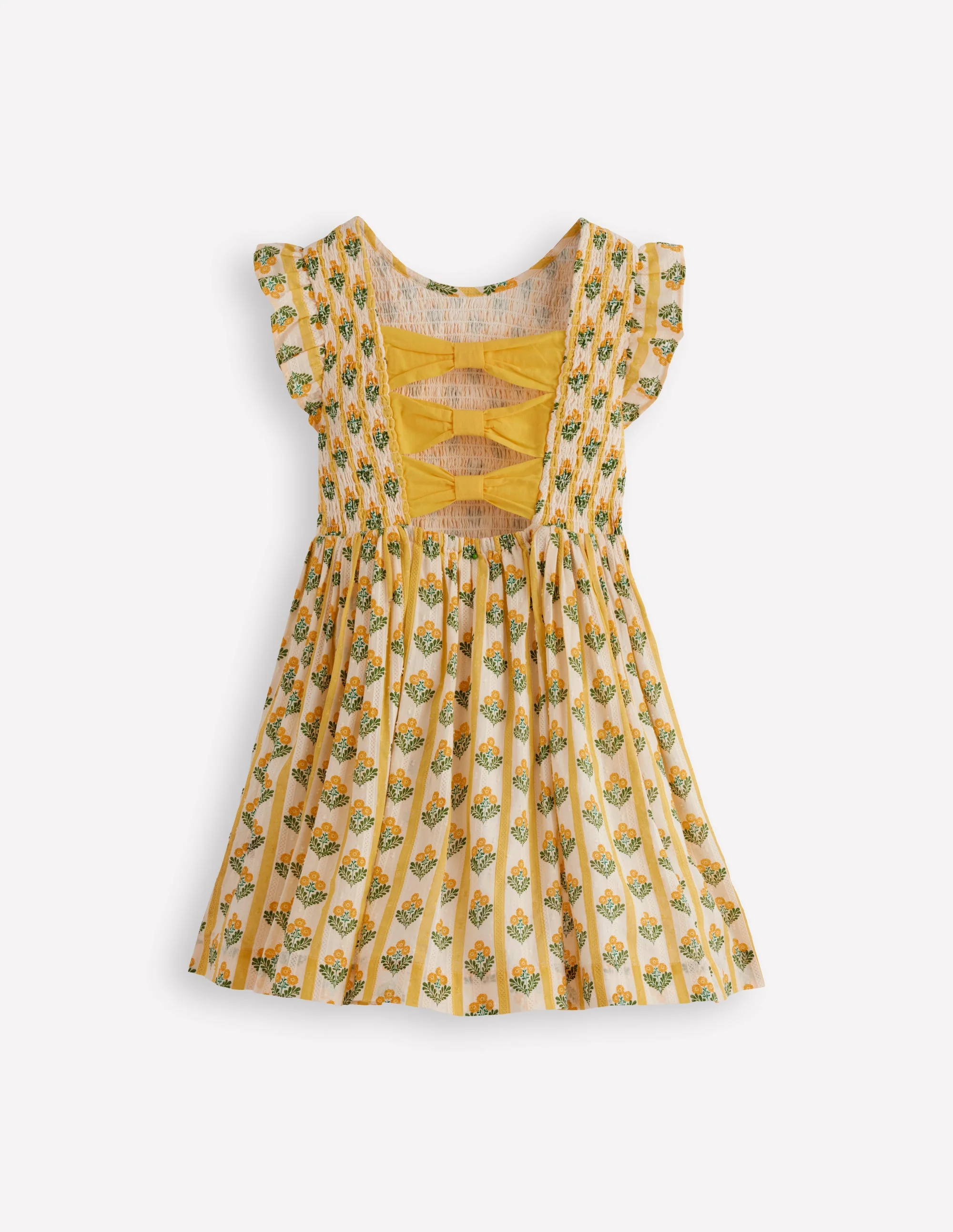 Bow Back Shirred Dress-Honeycomb Yellow Flower Stem - Image 3