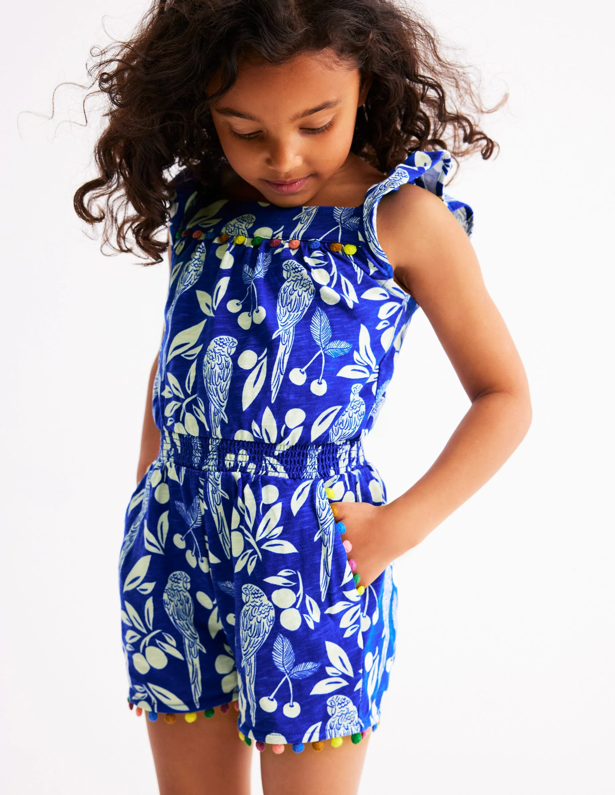 Ciara Pom Trim Jersey Playsuit-Bright Blue Parrot Palm - Image 4