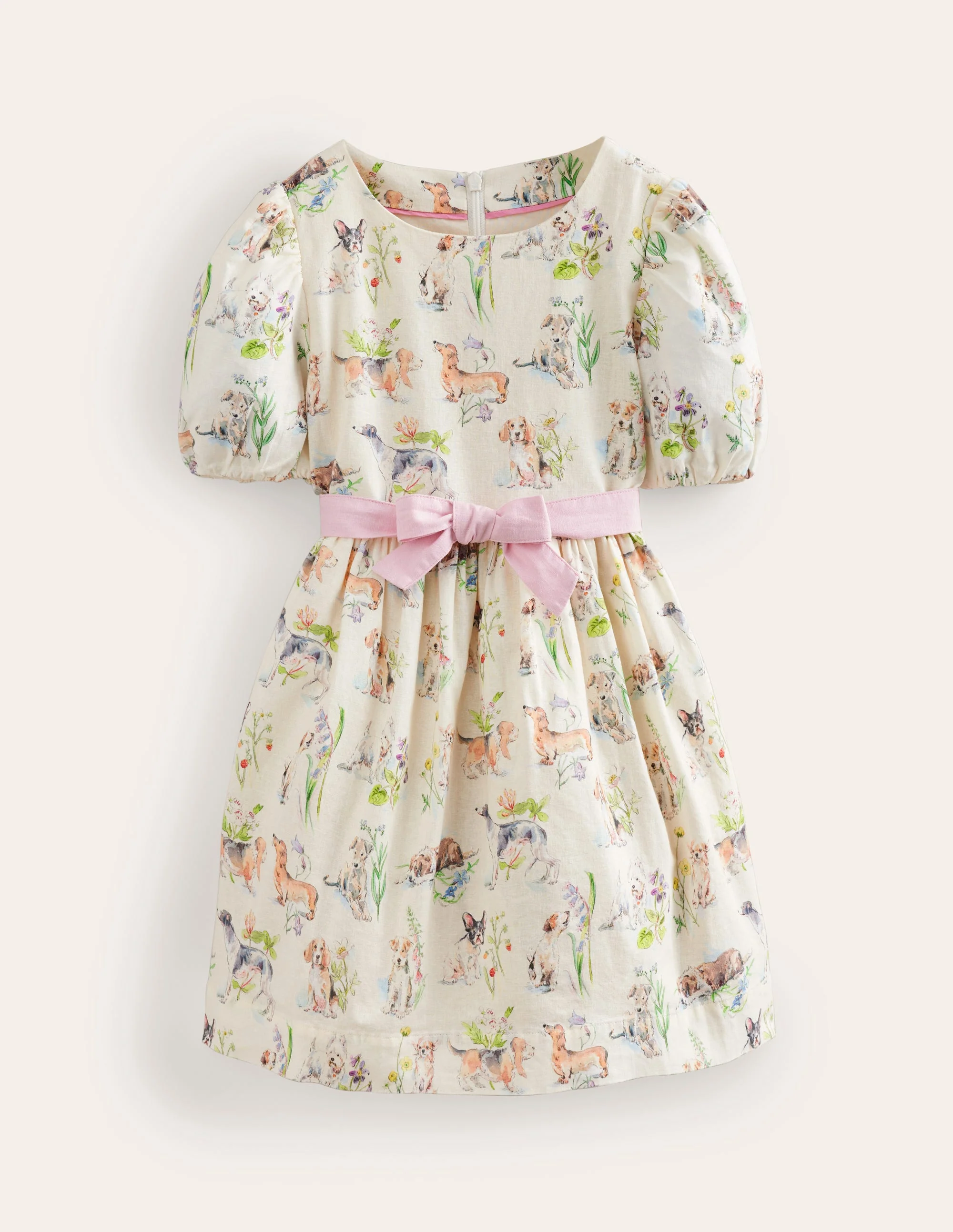 Cotton Linen Vintage Dress-Ivory Painted Puppies