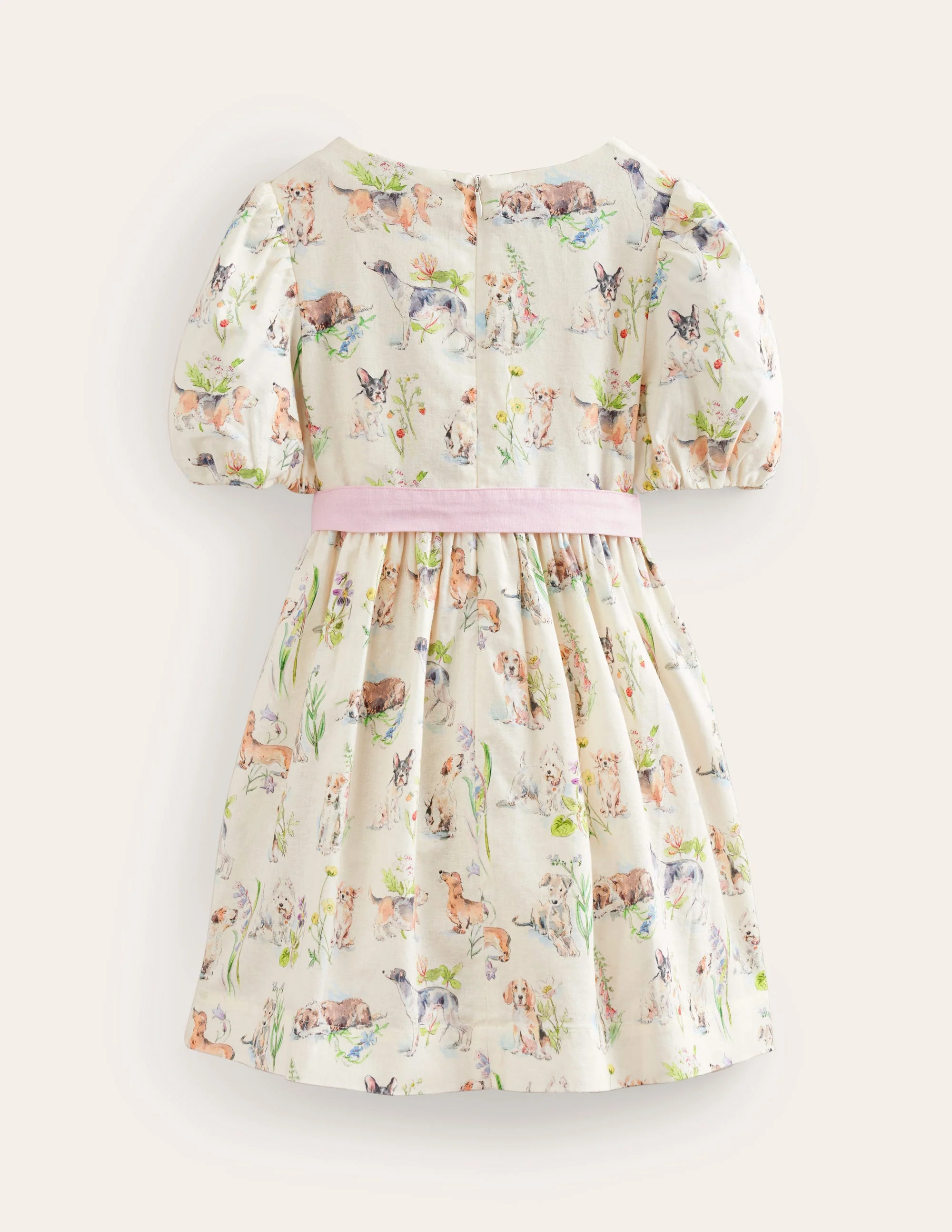 Cotton Linen Vintage Dress-Ivory Painted Puppies - Image 2