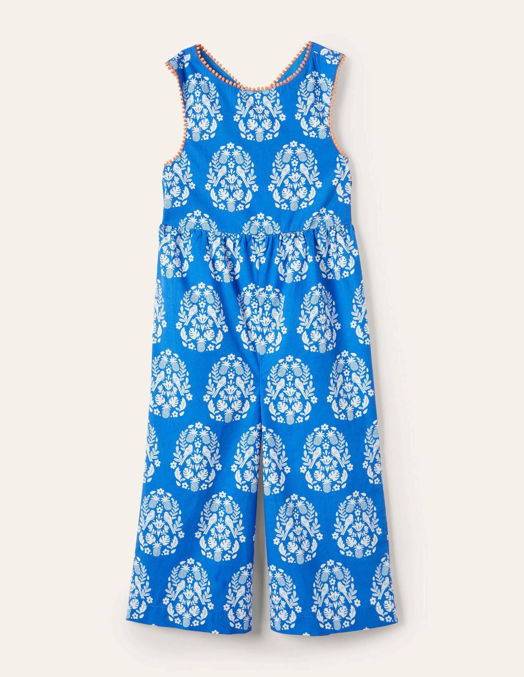 Cross-back Jumpsuit-Bright Marina Blue Woodblock