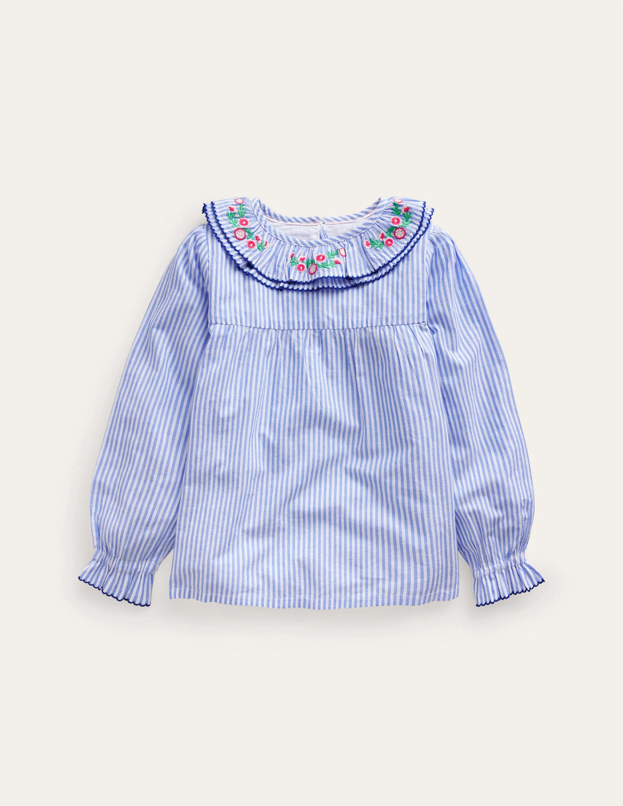 Embroidered Collar Top-Surf Blue / Ivory Stripe