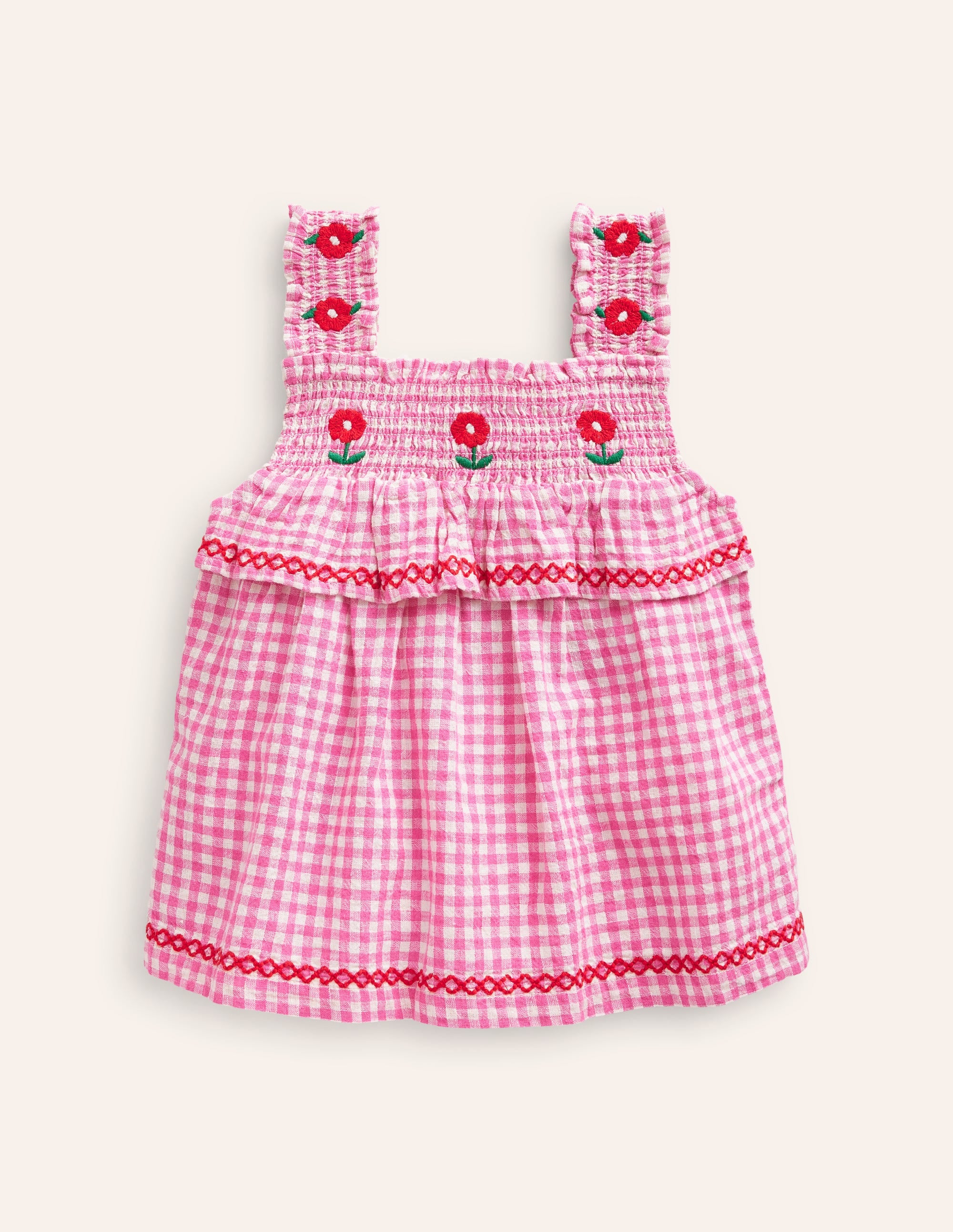 Embroidered Shirred Top-Pink Gingham
