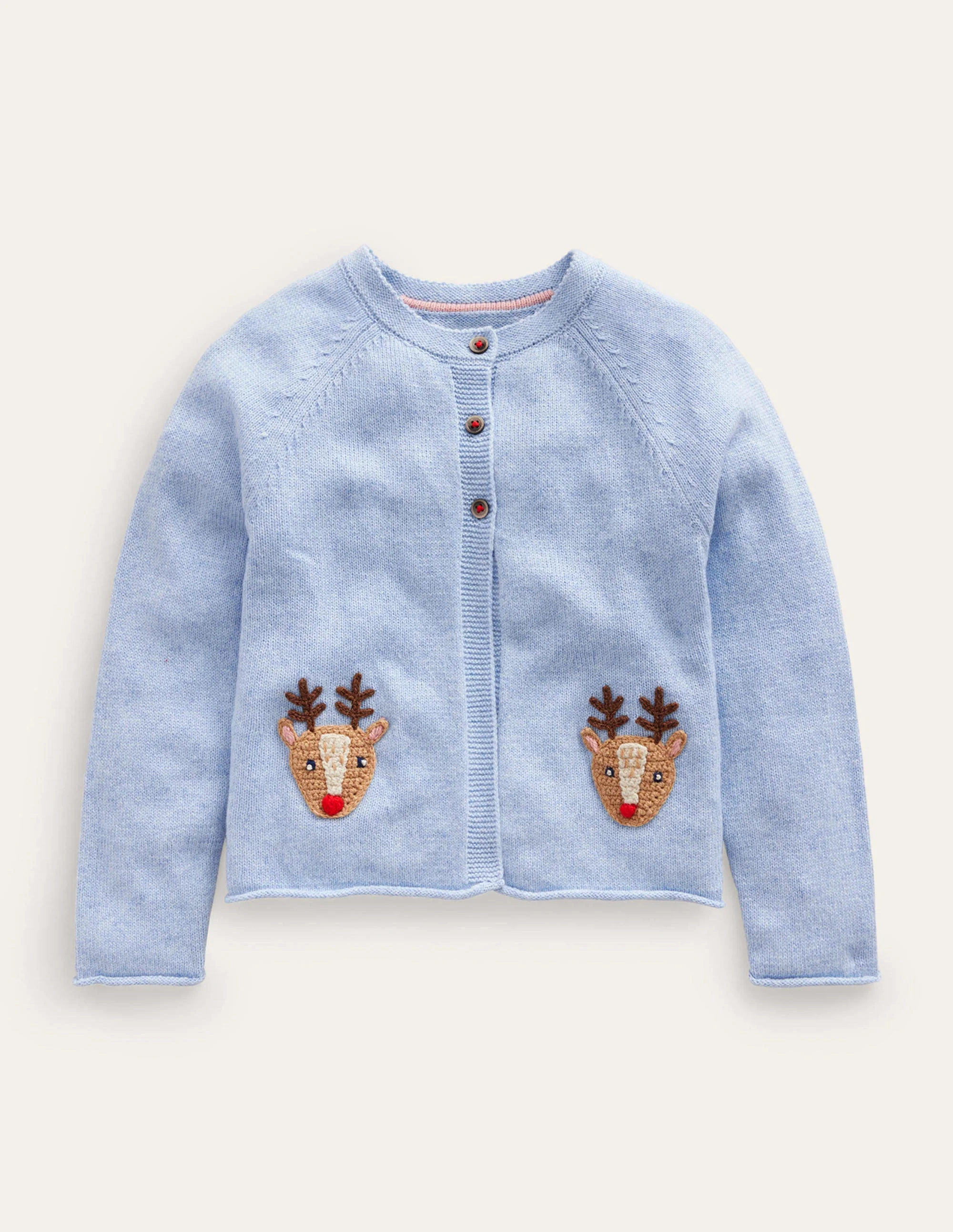 Festive Crochet Cardigan-Pebble Blue Reindeer