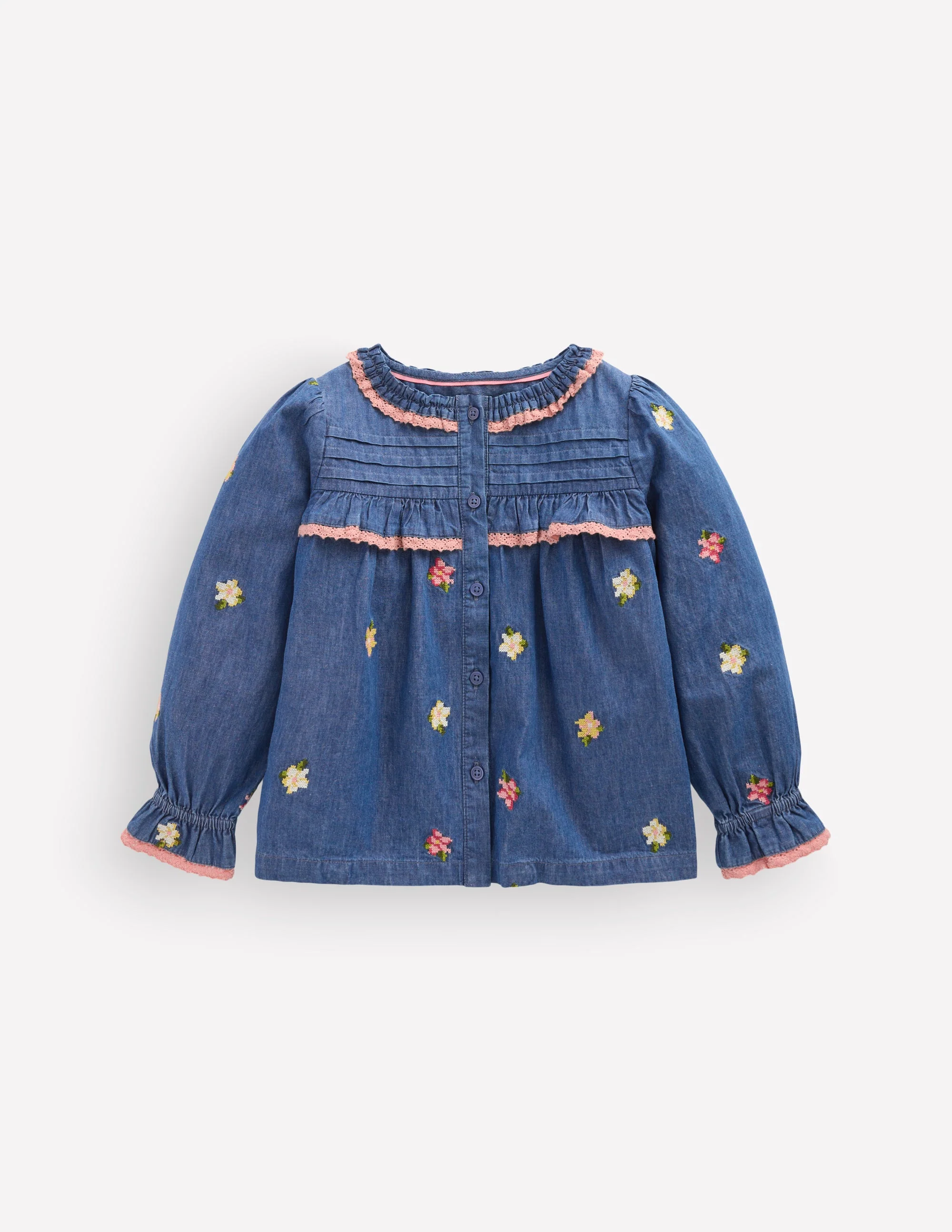 Frill Button Through Top-Chambray Embroidery