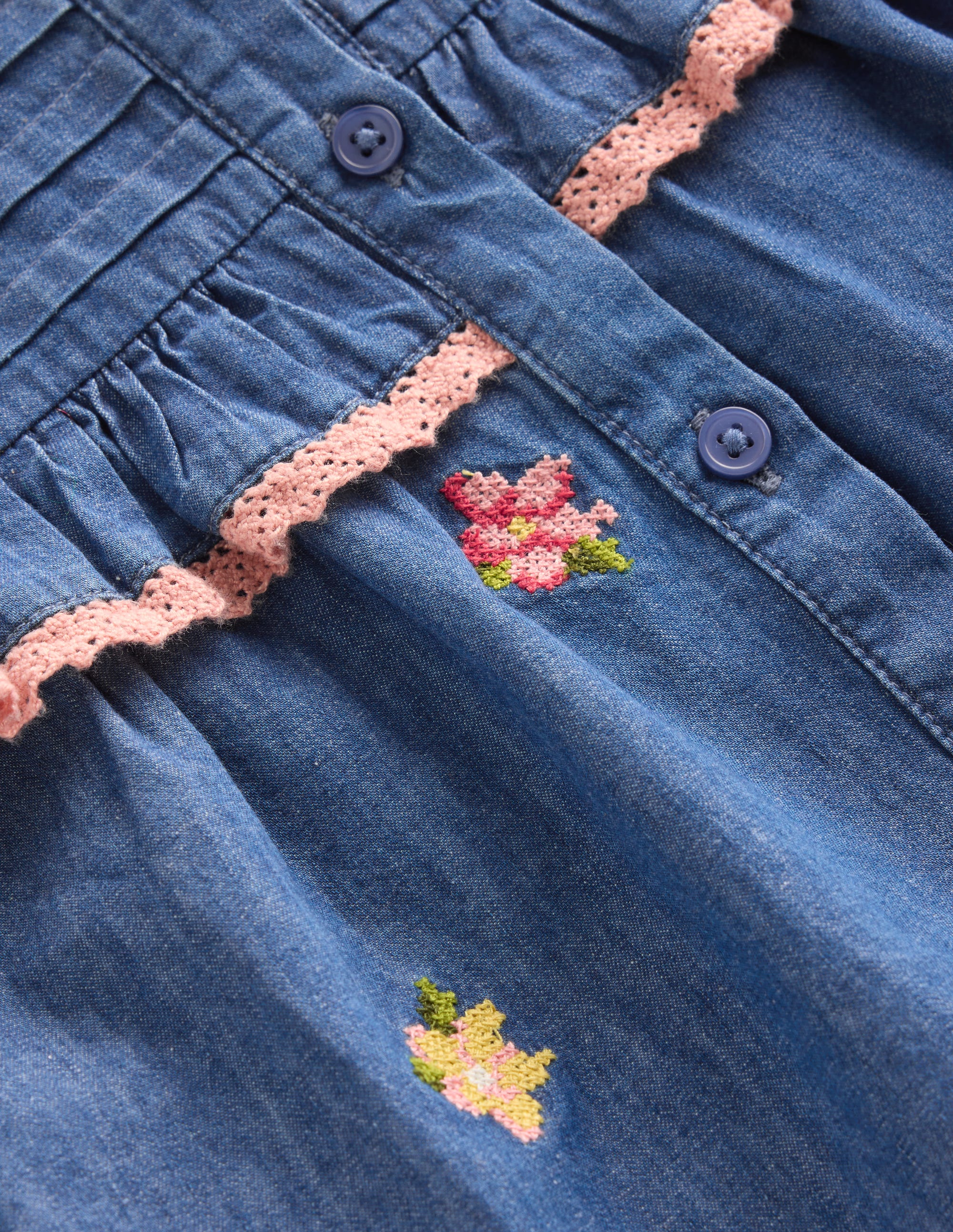 Frill Button Through Top-Chambray Embroidery - Image 3