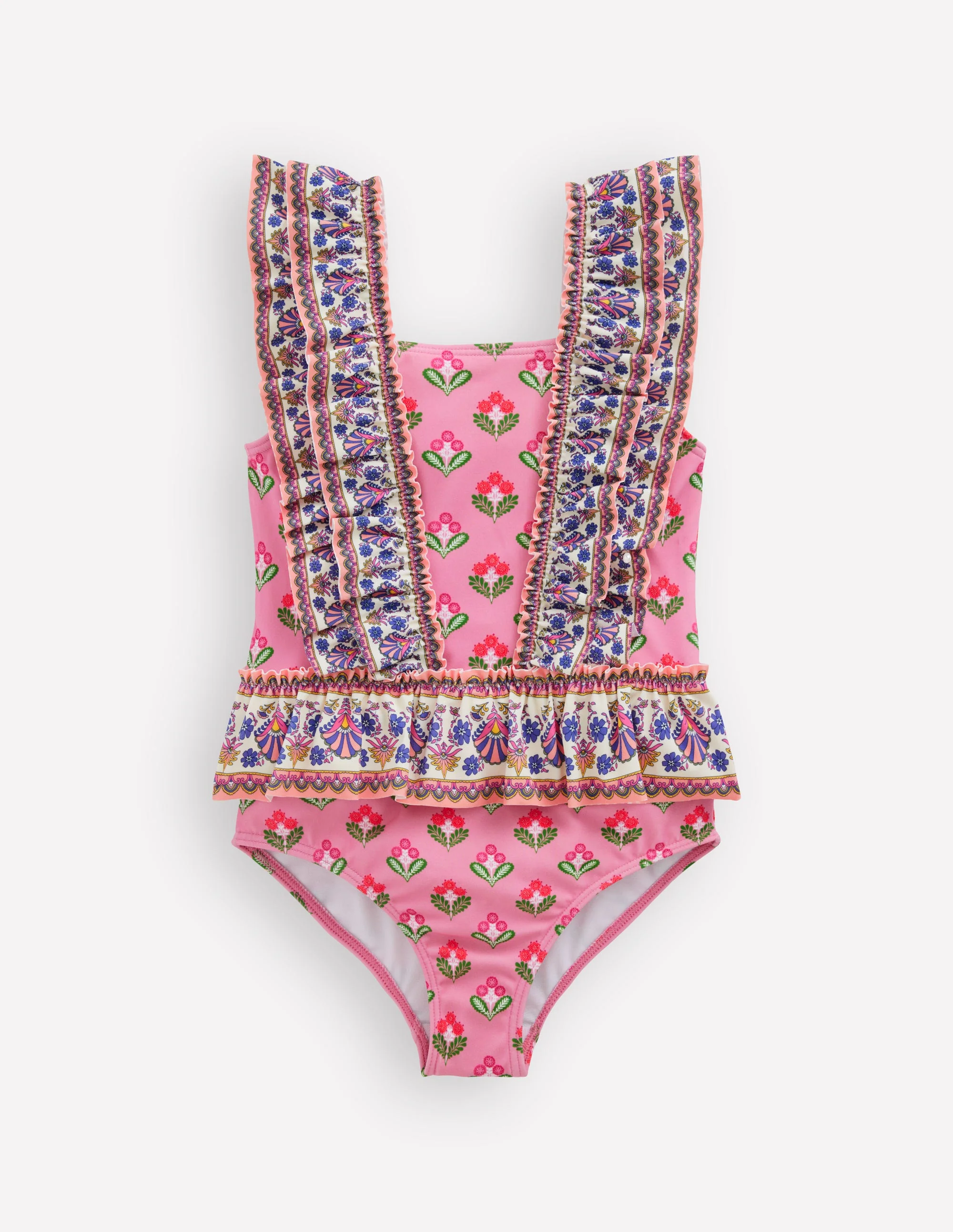 Frill Peplum Swimsuit-Pink Multi Woodblock