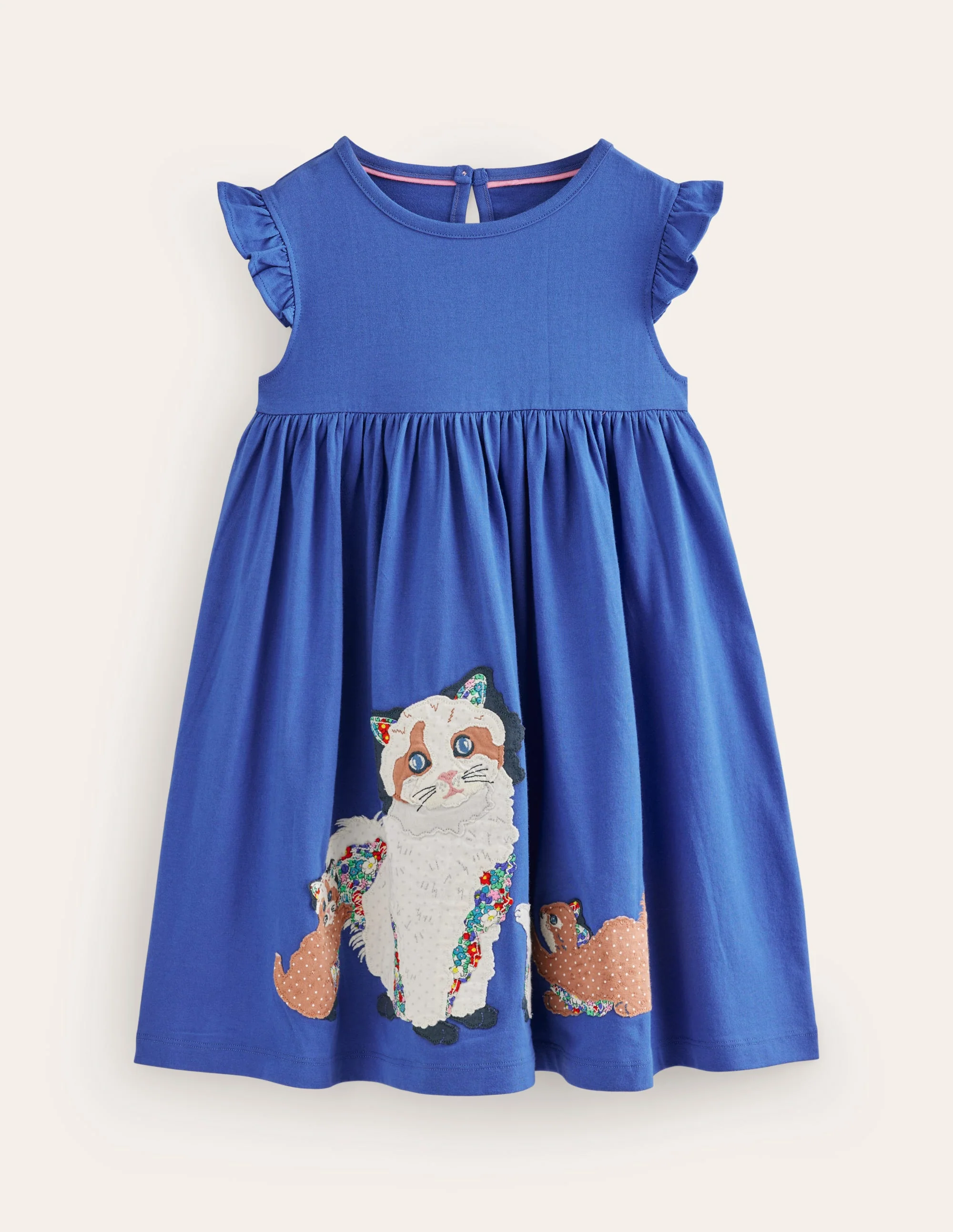 Frill Sleeve Appliqué Dress-BlueJay Cats