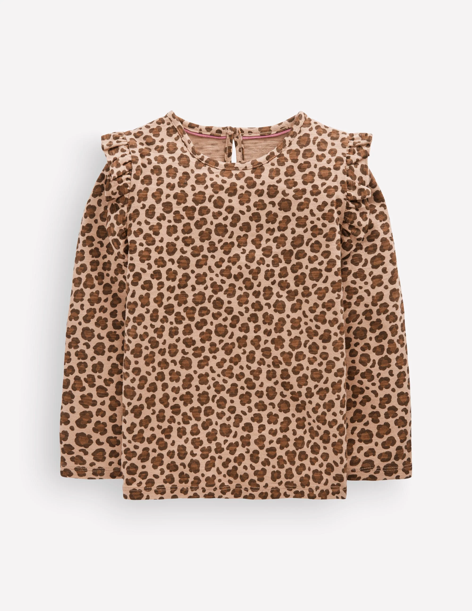 Frill Sleeve Slub Top-Milk Chocolate Brown Leopard
