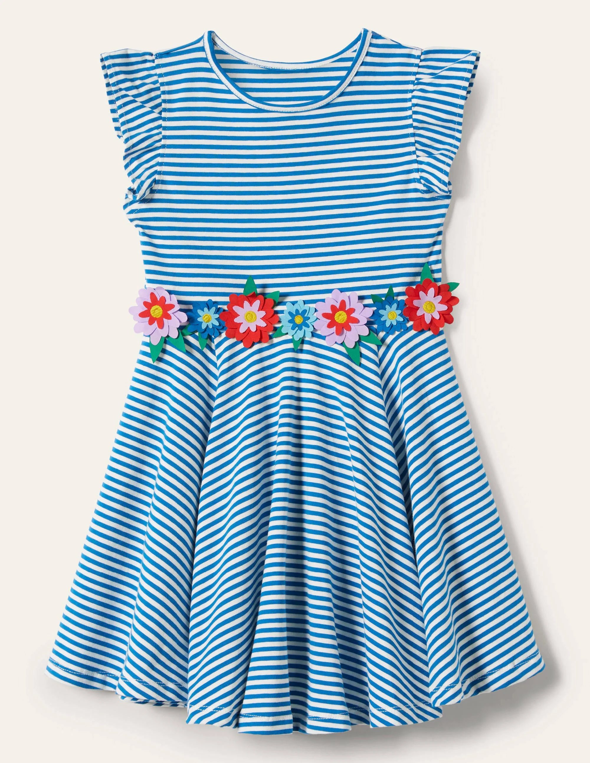 Frill Sleeve Twirly Dress-Bright Marina Blue/Ivory