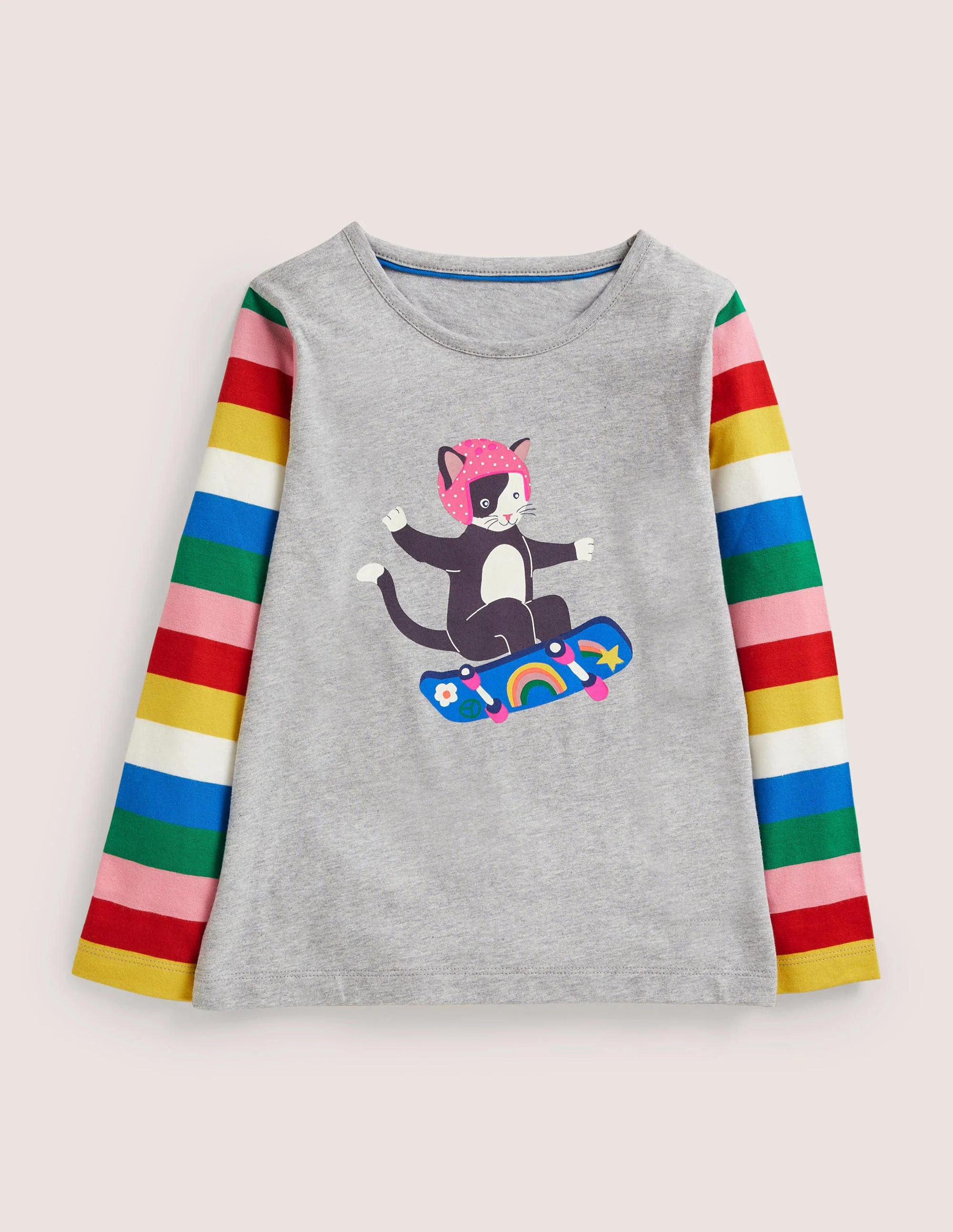 Graphic Rainbow T-shirt-Grey Marl Skateboarding Cat