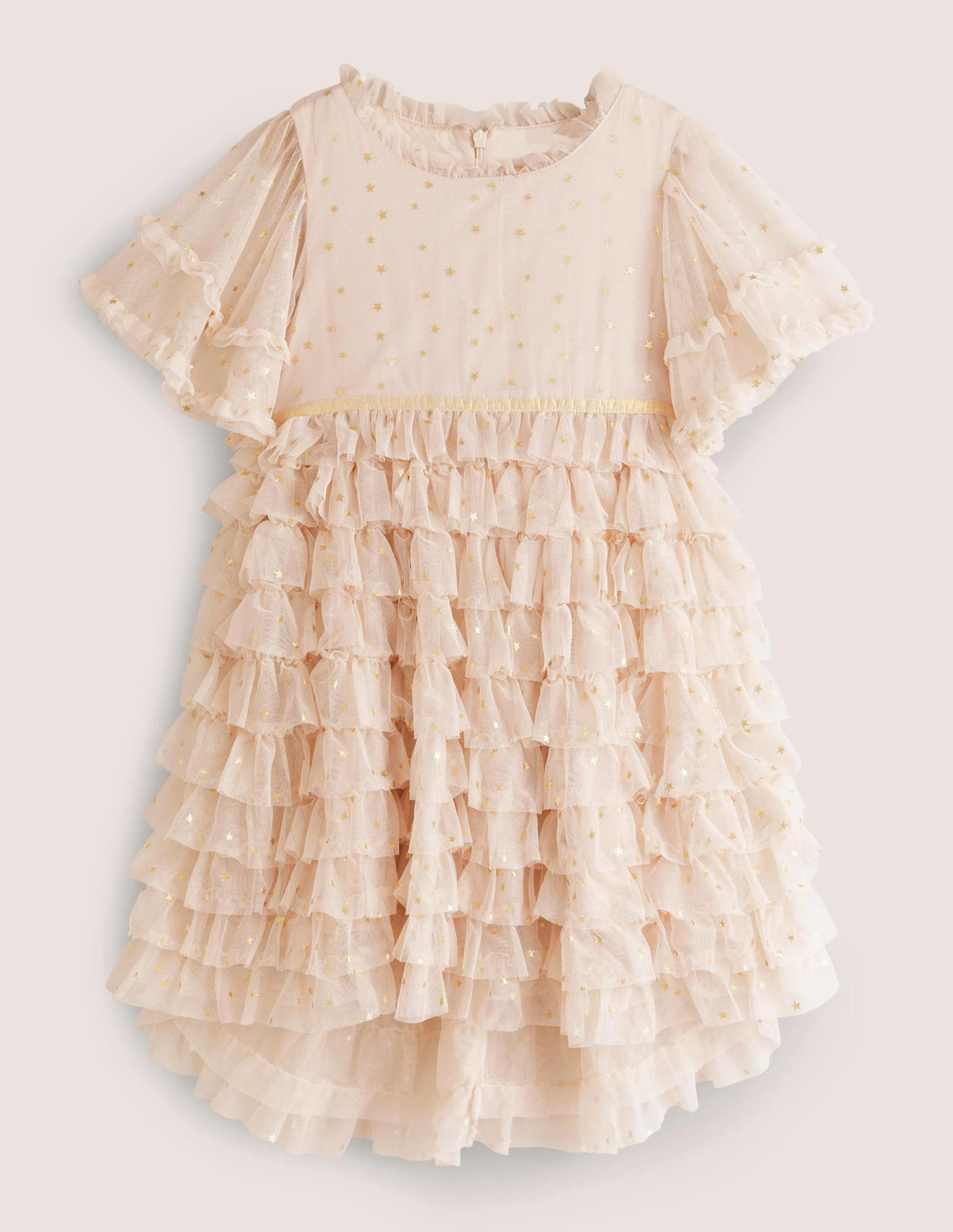 Ivory Gold Star Print Ruffle Tulle Party Dress-Sandpiper Pink Gold Stars