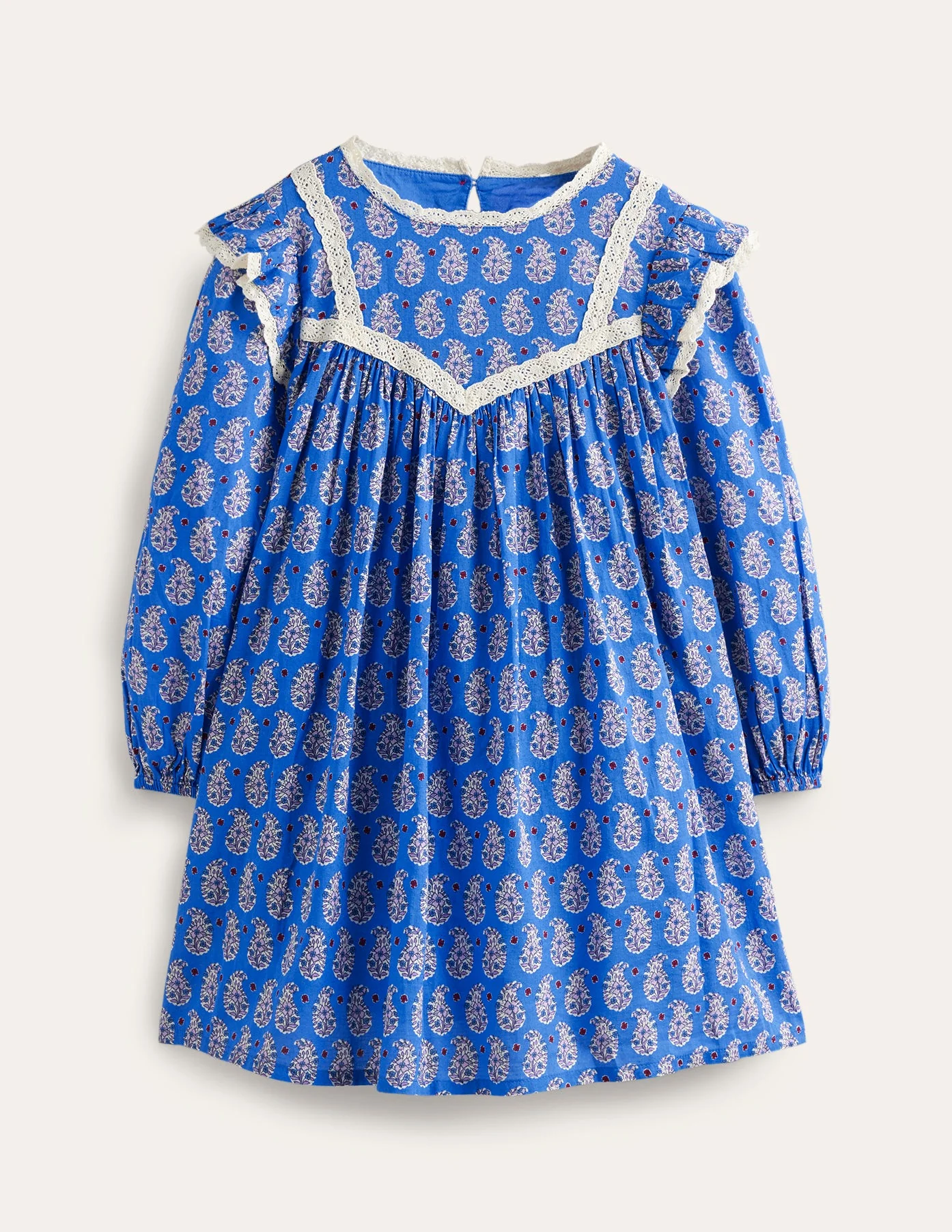 Lace Trim Printed Dress-Blue Paisley