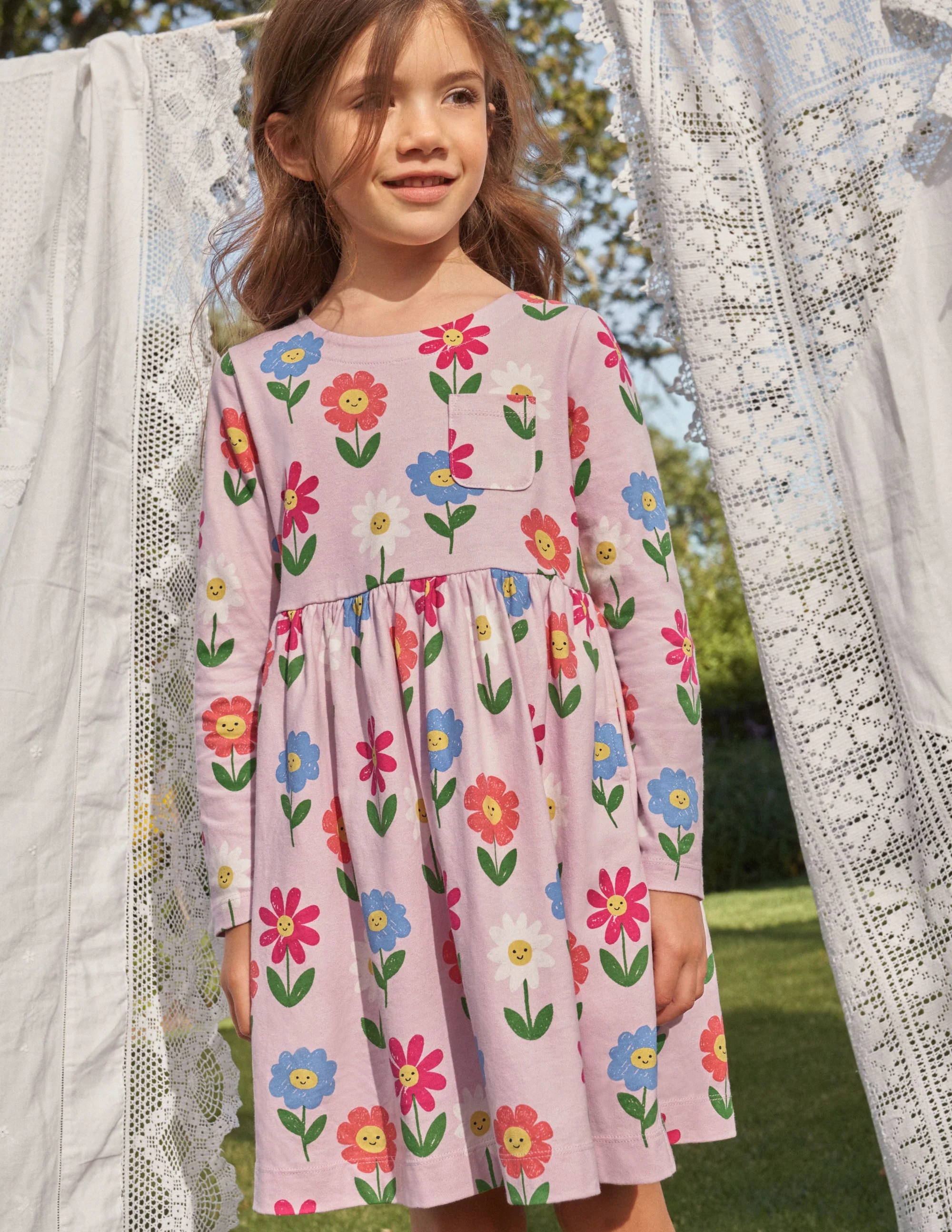 Long Sleeve Fun Jersey Dress-Winsome Pink Flowers - Image 4