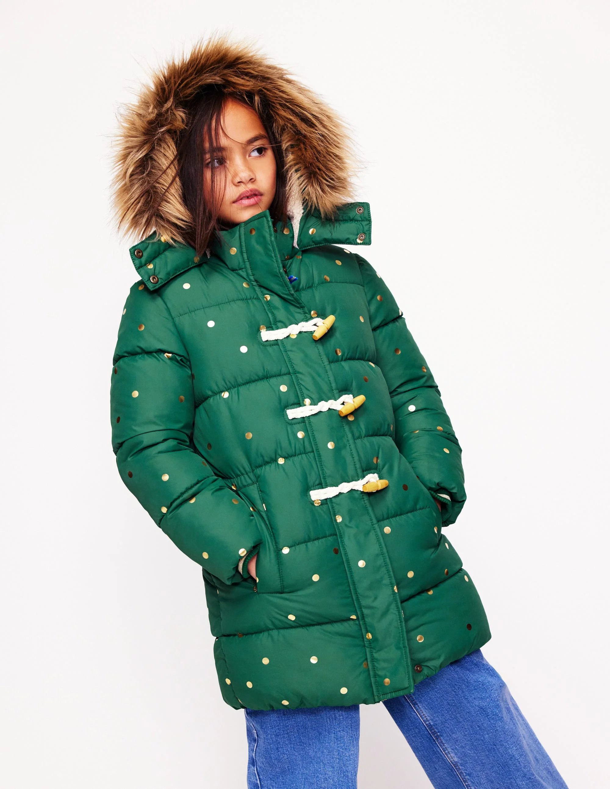 Longline Padded Coat-Jewel Green Gold Foil Confetti - Image 3