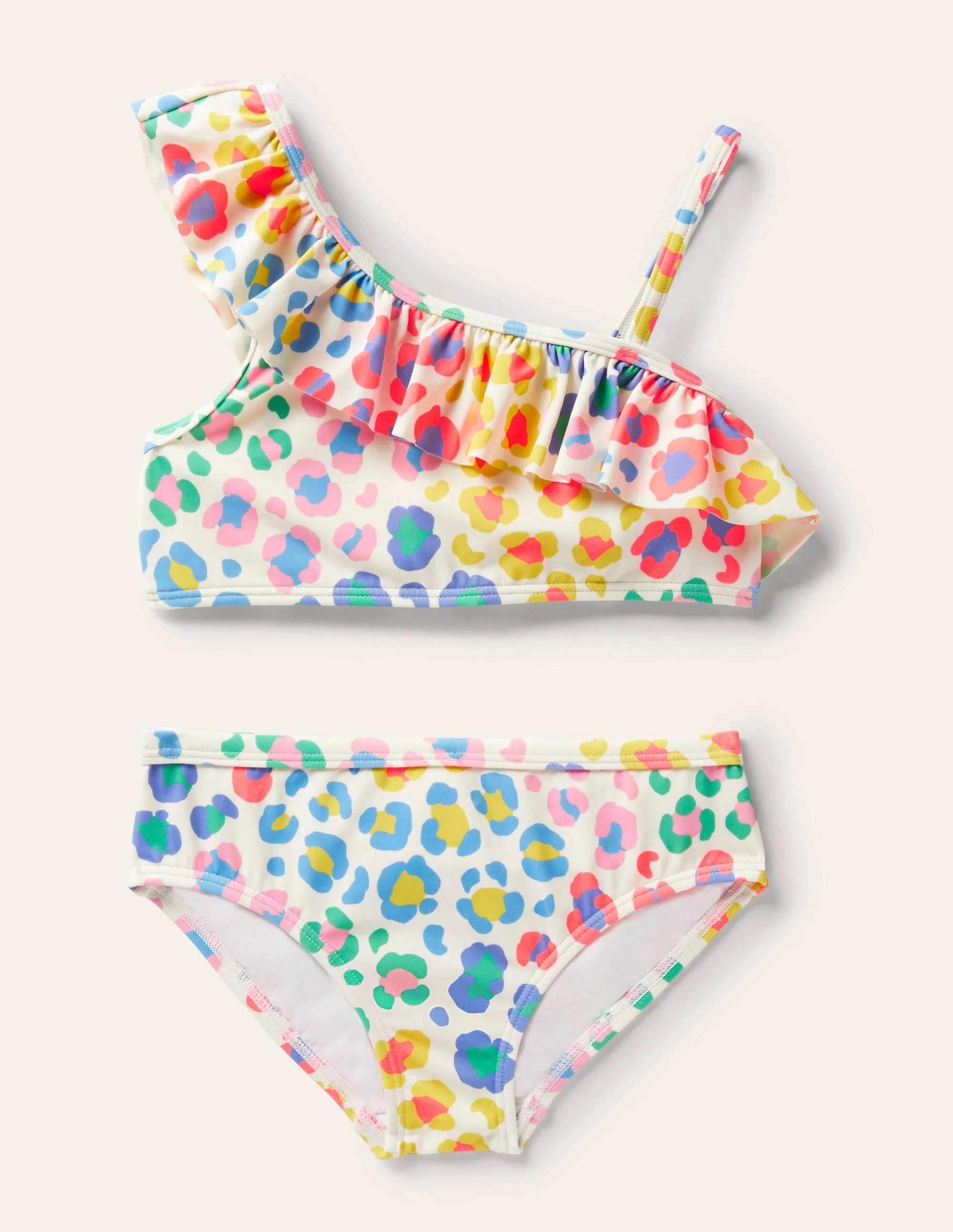 One Shoulder Frilly Bikini-Multi Leopard Print