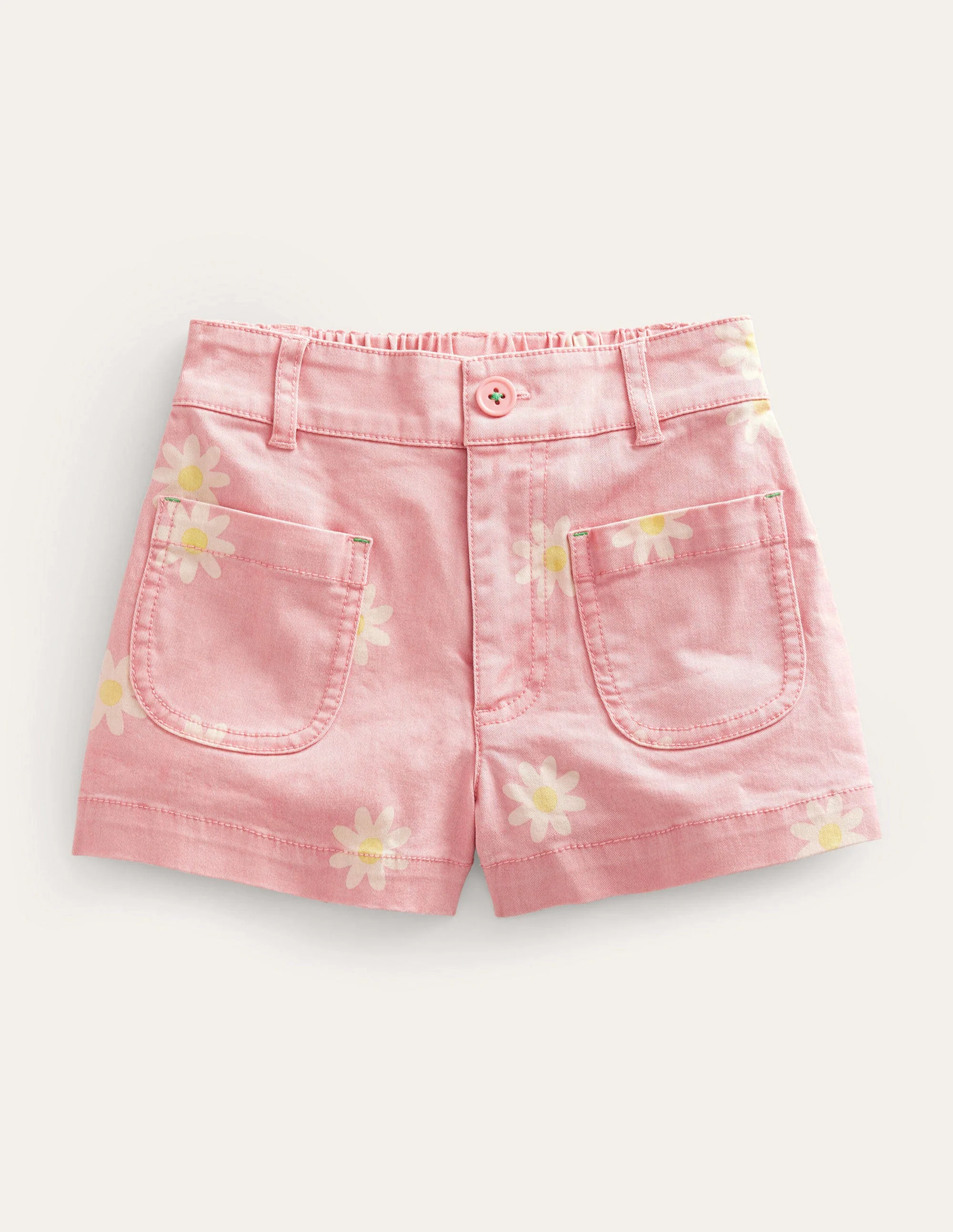Patch Pocket Shorts-Pink Daisy Stamp