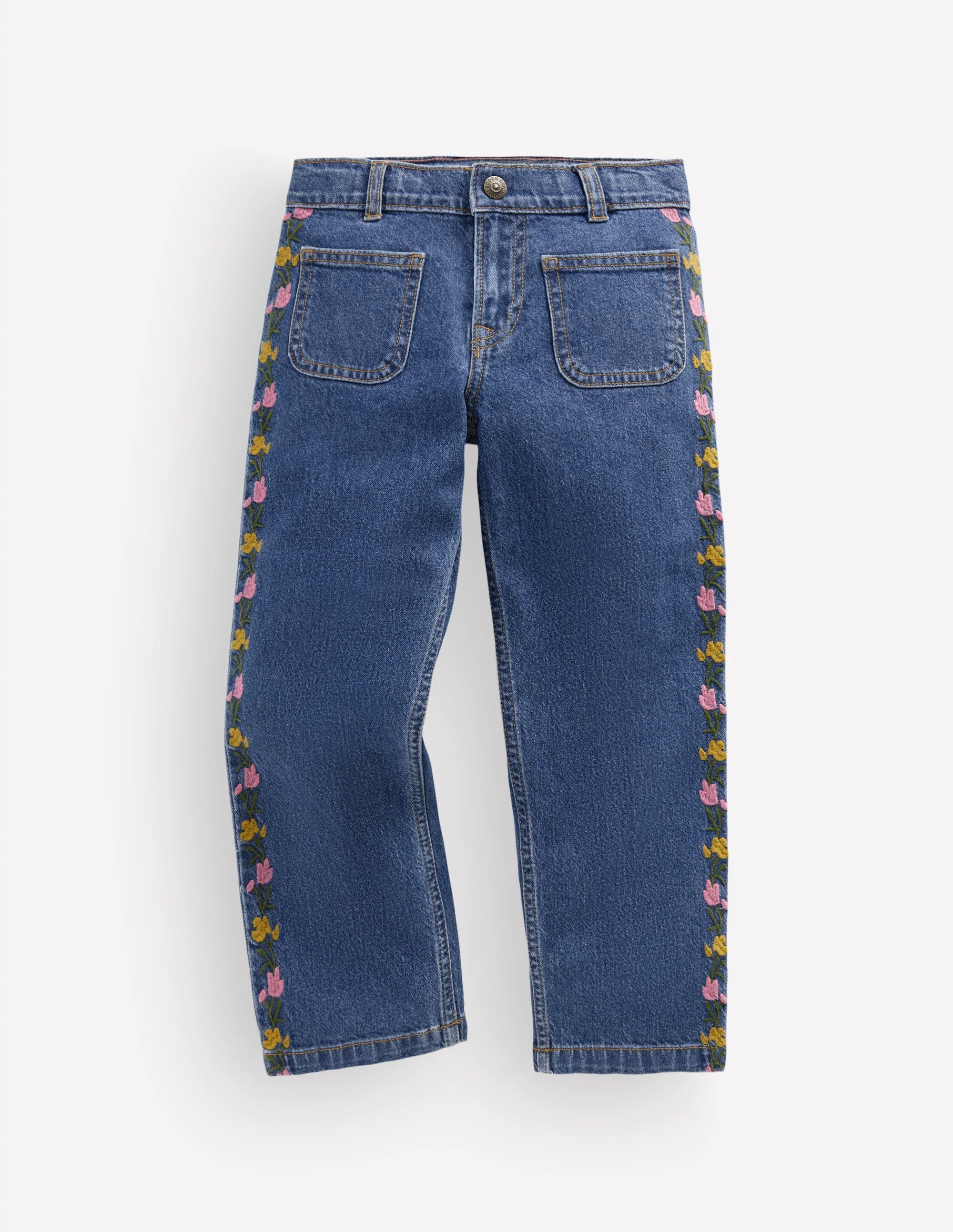 Patch Pocket Straight Jeans-Denim Embroidery