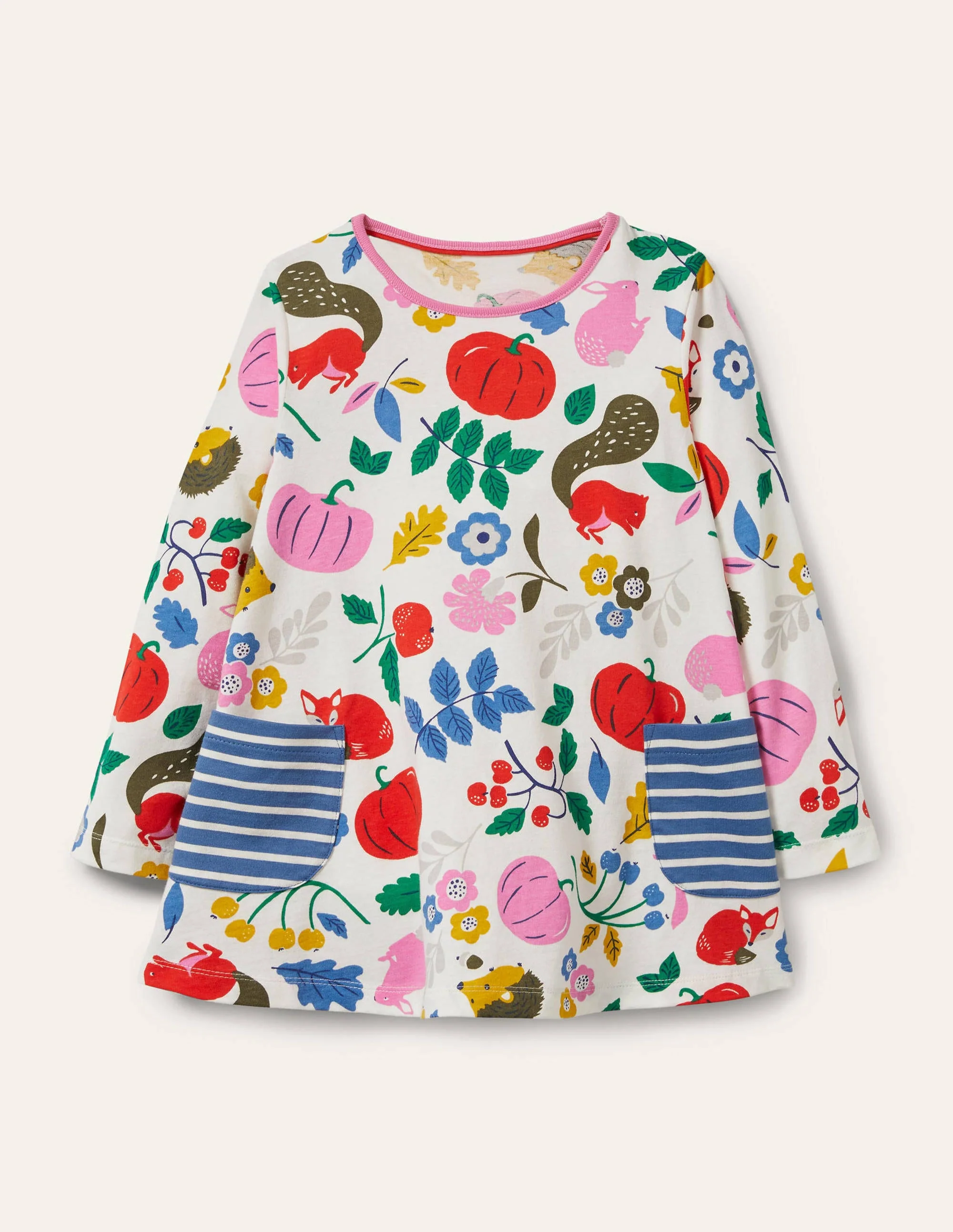 Printed Jersey Pocket Tunic-Ivory Forest Friends