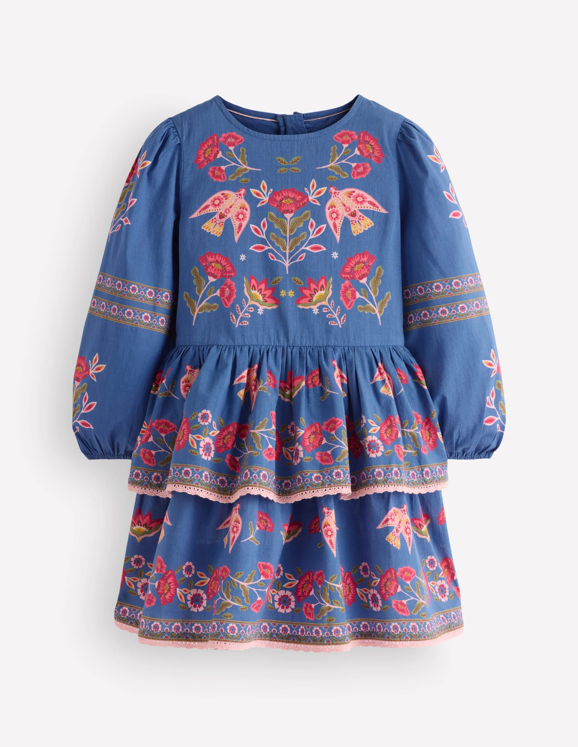 Printed Tiered Woven Dress-Blue Birds Placement
