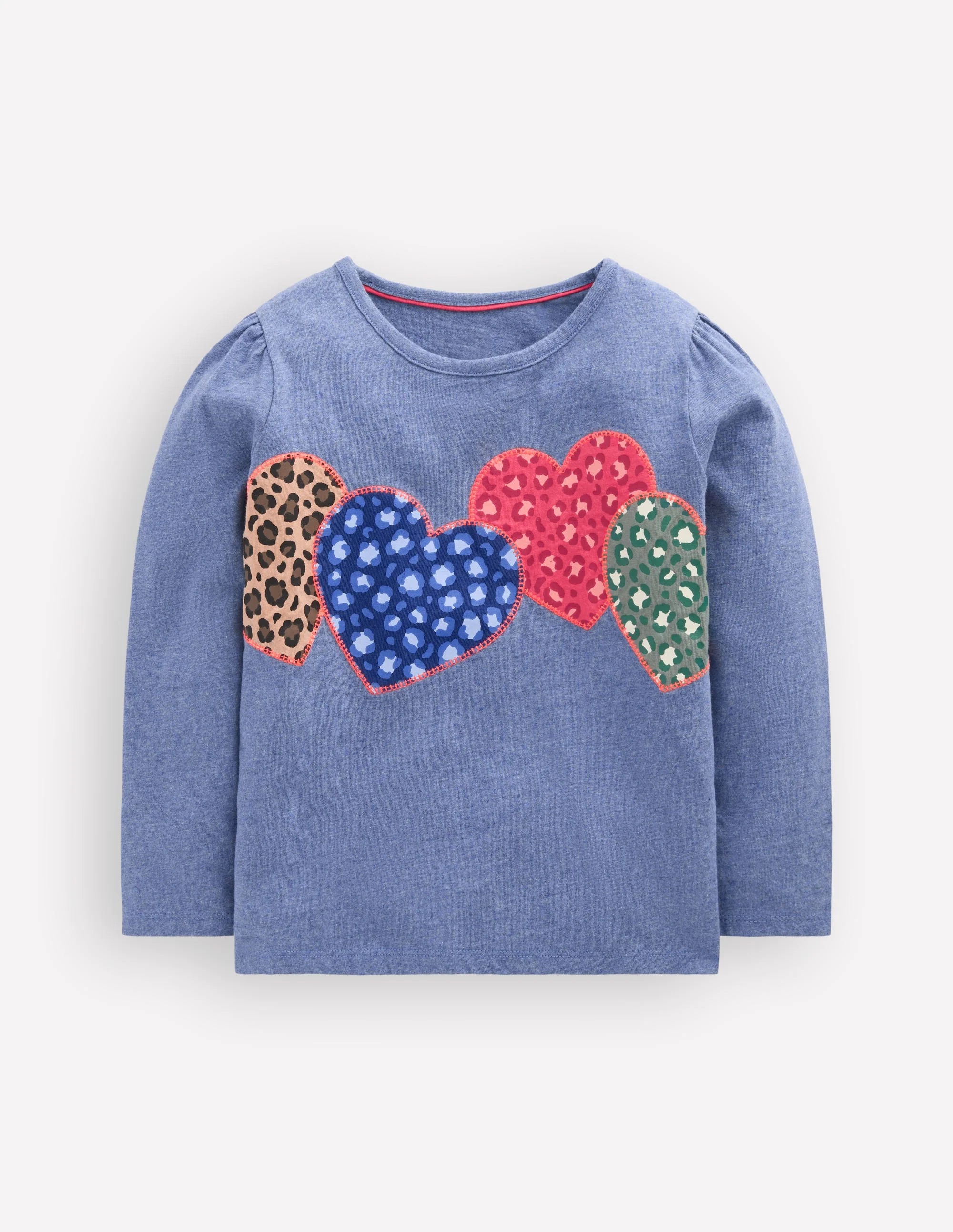 Puff Sleeve Appliqué T-shirt-Blue Marl Patchwork Heart