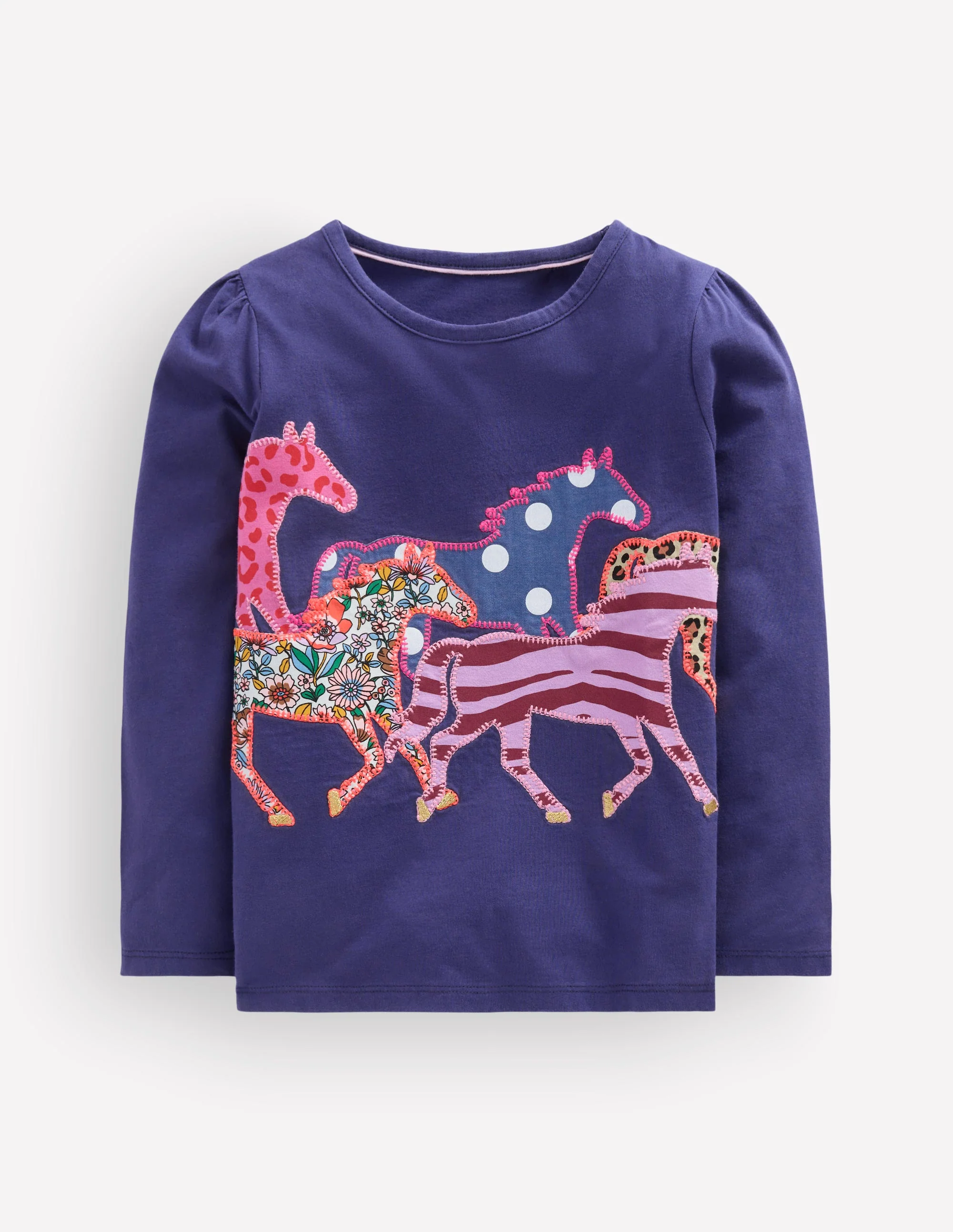 Puff Sleeve Appliqué T-shirt-College Navy Horses