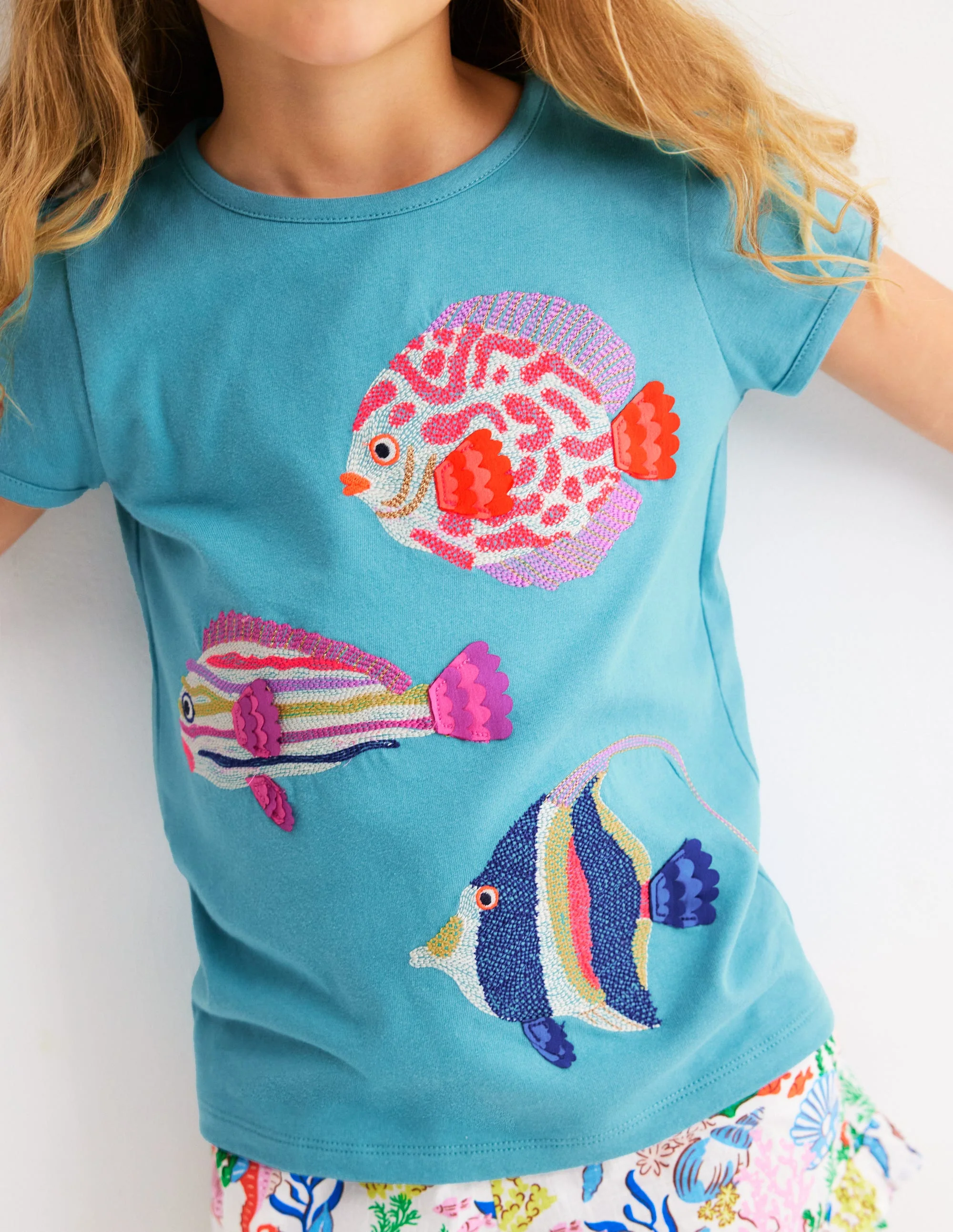 Puff Sleeve Superstitch Top-Aqua Sea Blue Fish - Image 2