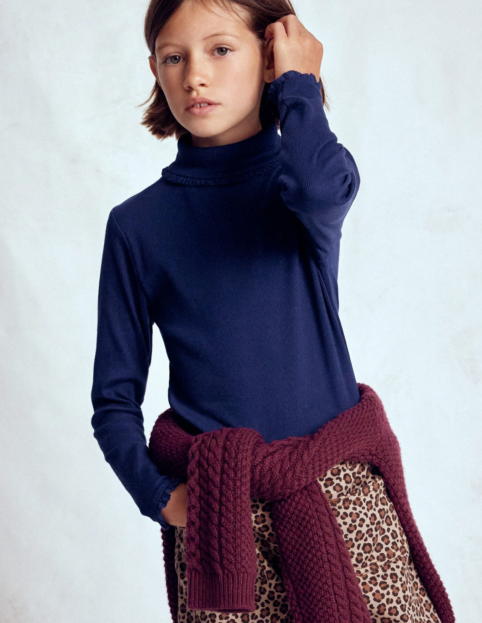 Ribbed Roll Neck Top-College Navy