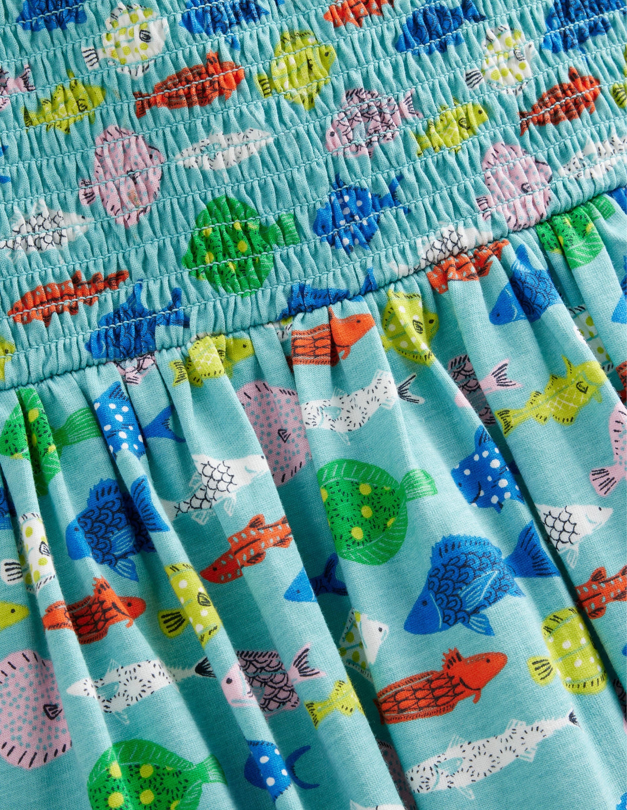 Shirred Jersey Dress-Aqua Sea Blue Fish - Image 3