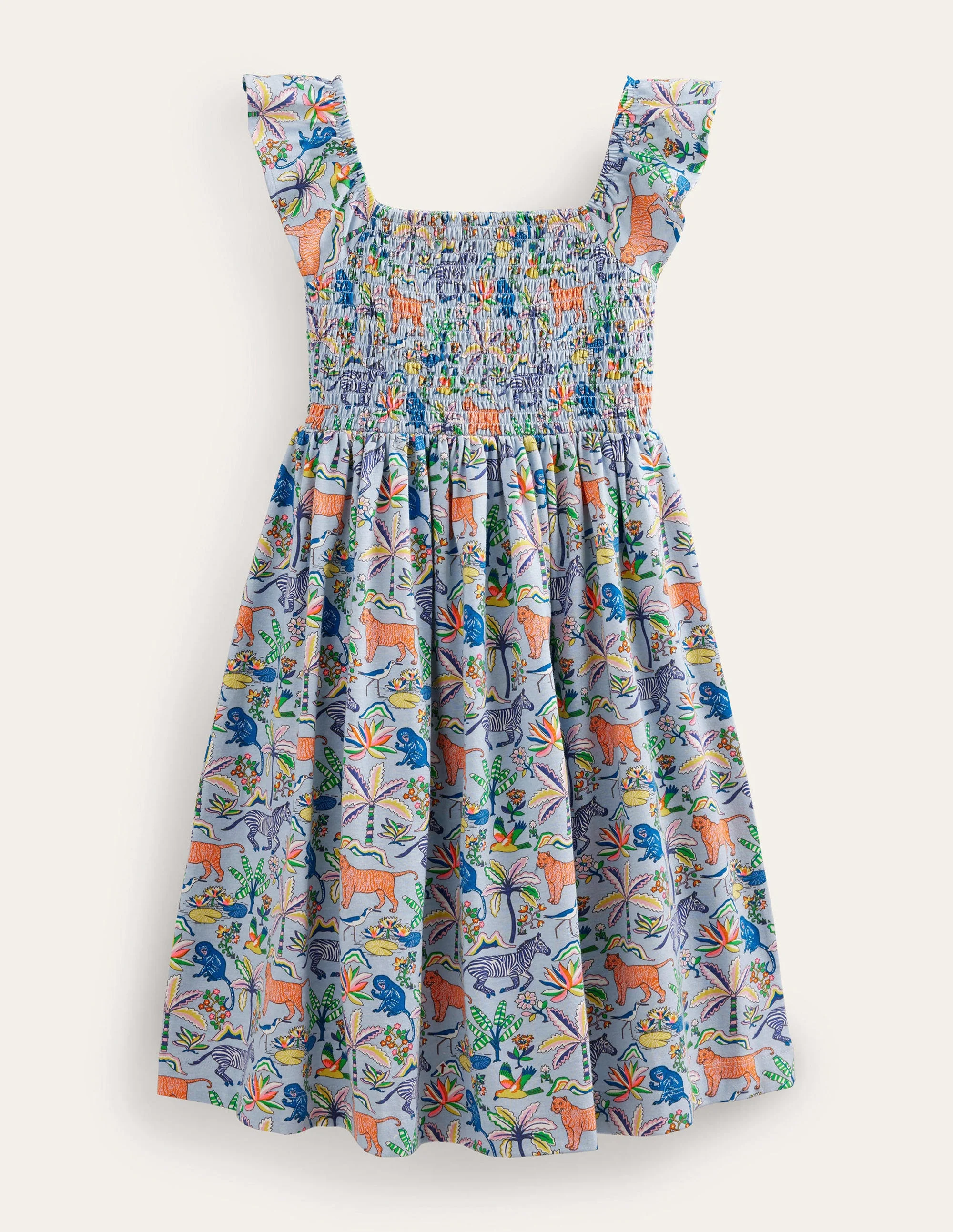 Shirred Jersey Dress-Surf Blue Tropical Garden
