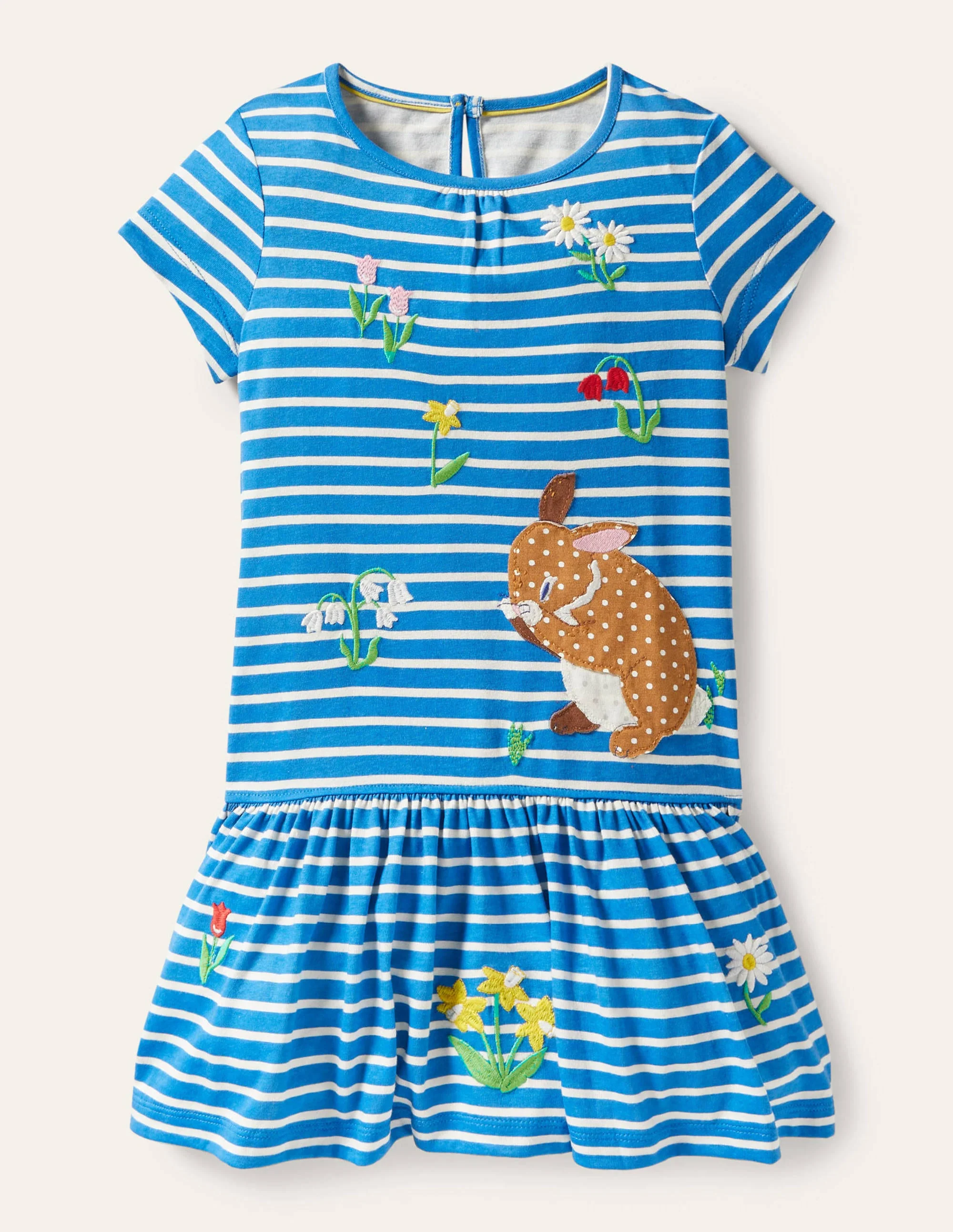 Short Sleeve Embroidered Dress-Bright Marina Blue Bunny