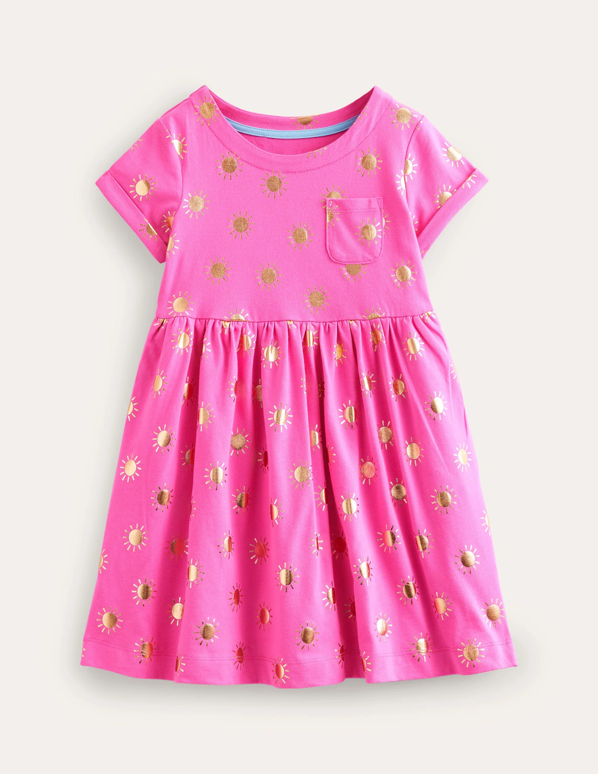 Short Sleeve Fun Jersey Dress-Tickled Pink/Gold Suns