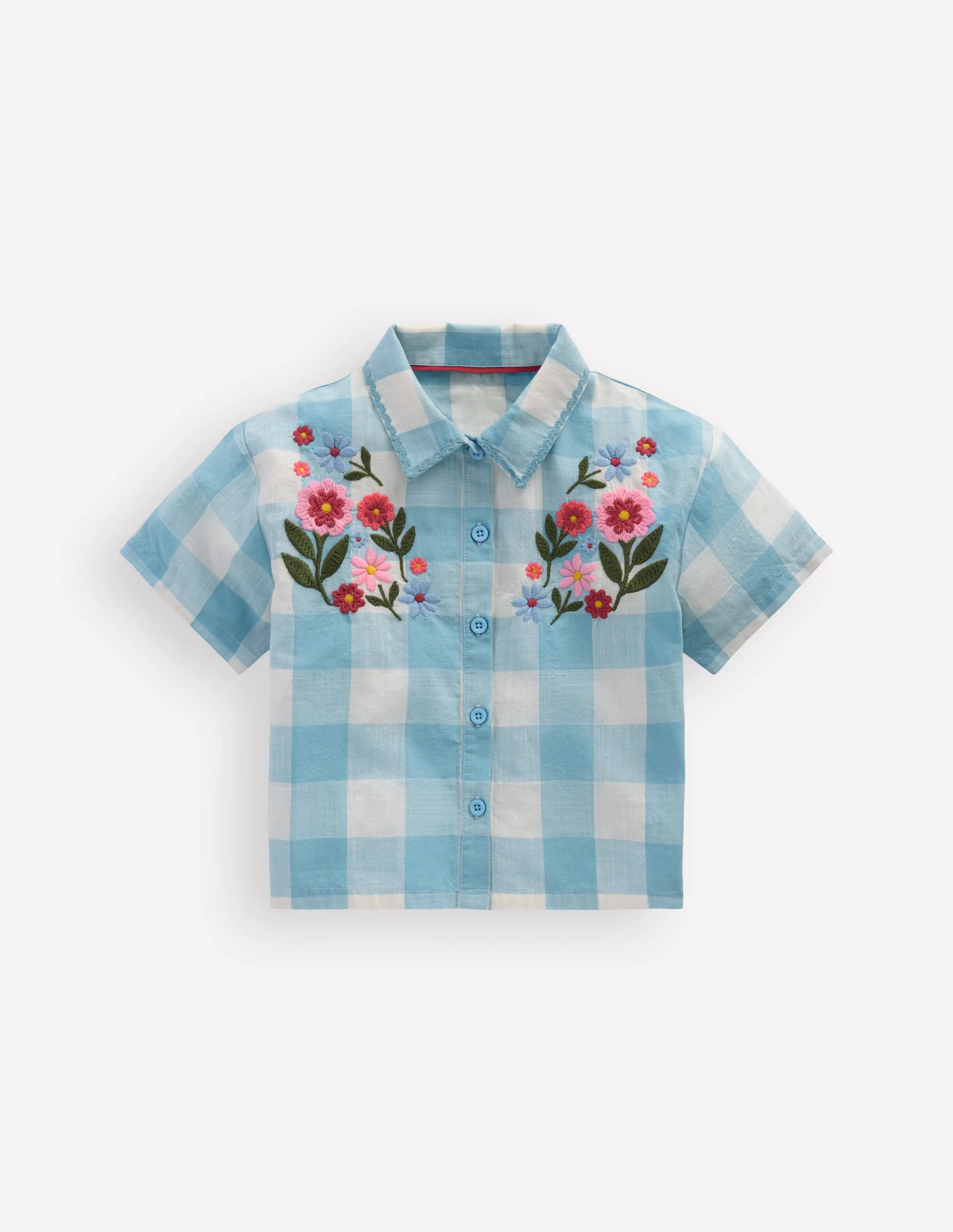 Short Sleeve Relaxed Shirt-Blue Gingham Embroidery